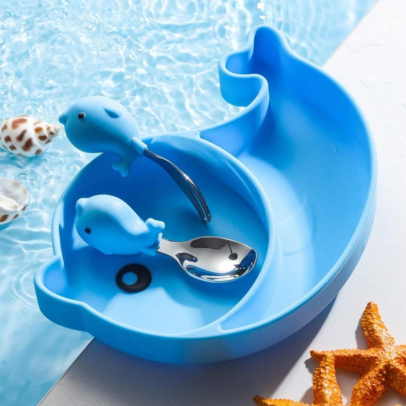2-Section Dolphin Plate for Kids – BPA Free Feeding Set – Toddler Tableware