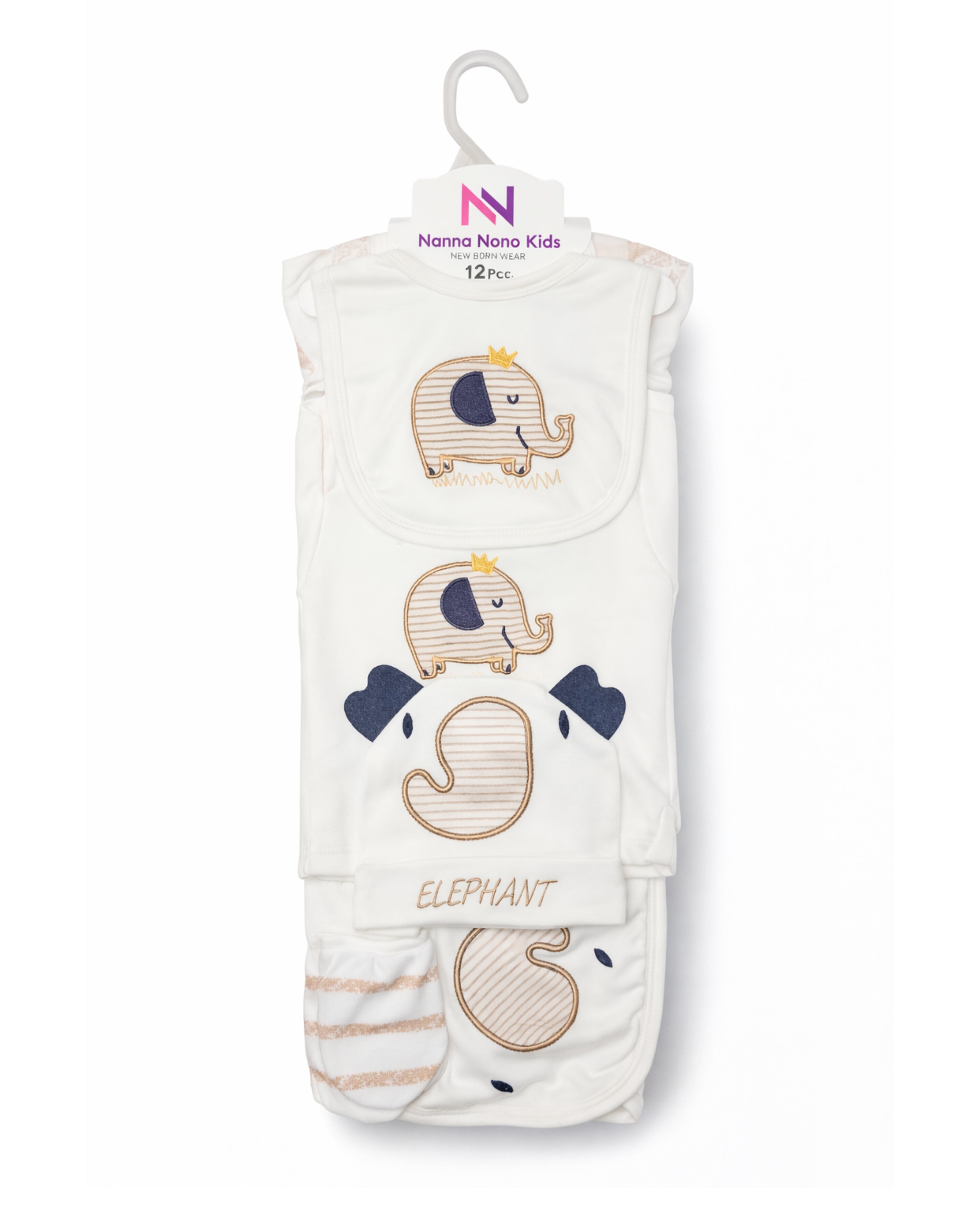 Interlock Cotton Fabric - Newborn 12 PC Starter Set - Royal Elephant (Beige)