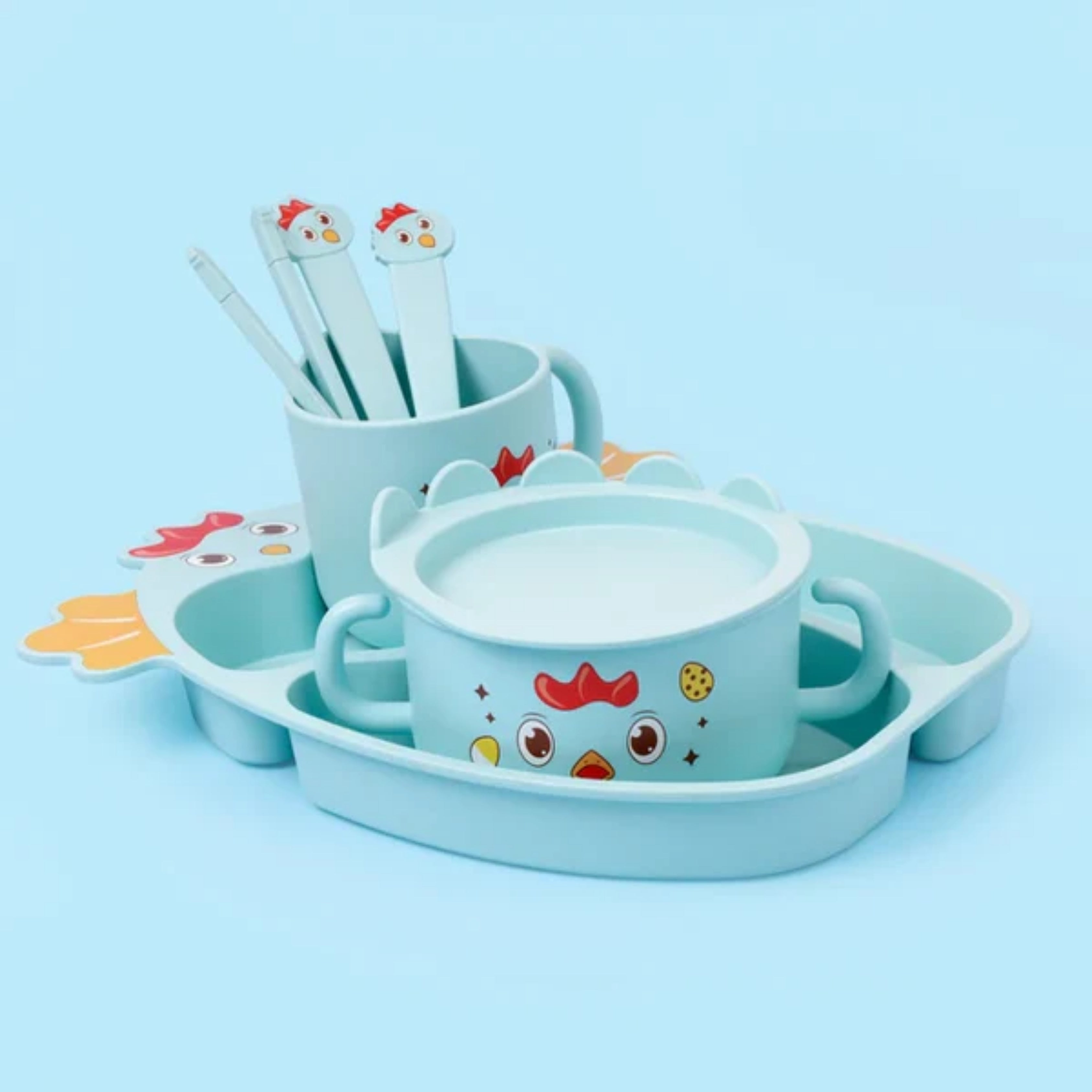 5-Piece Kids Divided Plate Dinnerware Set – Cute Chicken
