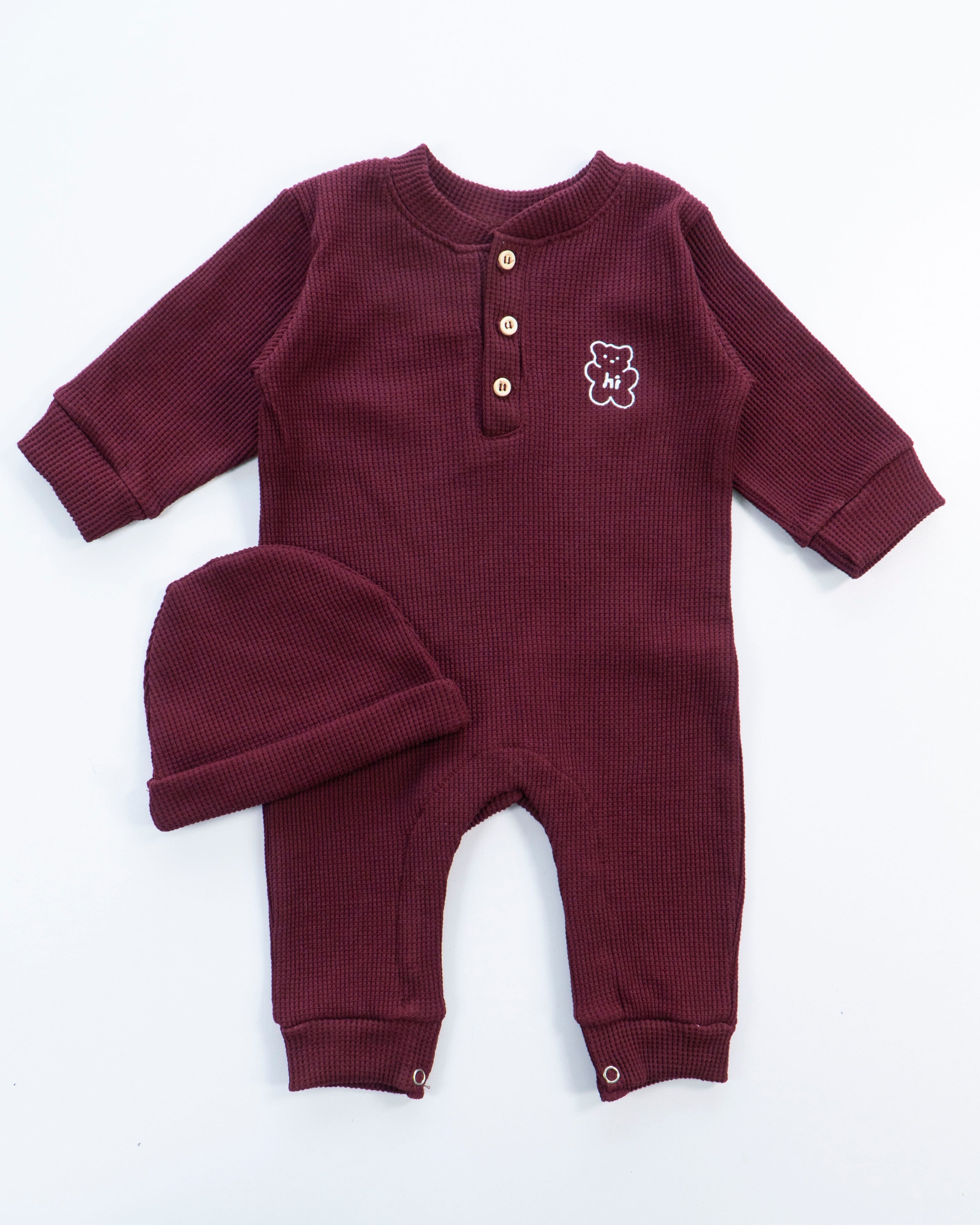 Waffle Knit Thermal Romper – (Maroon)