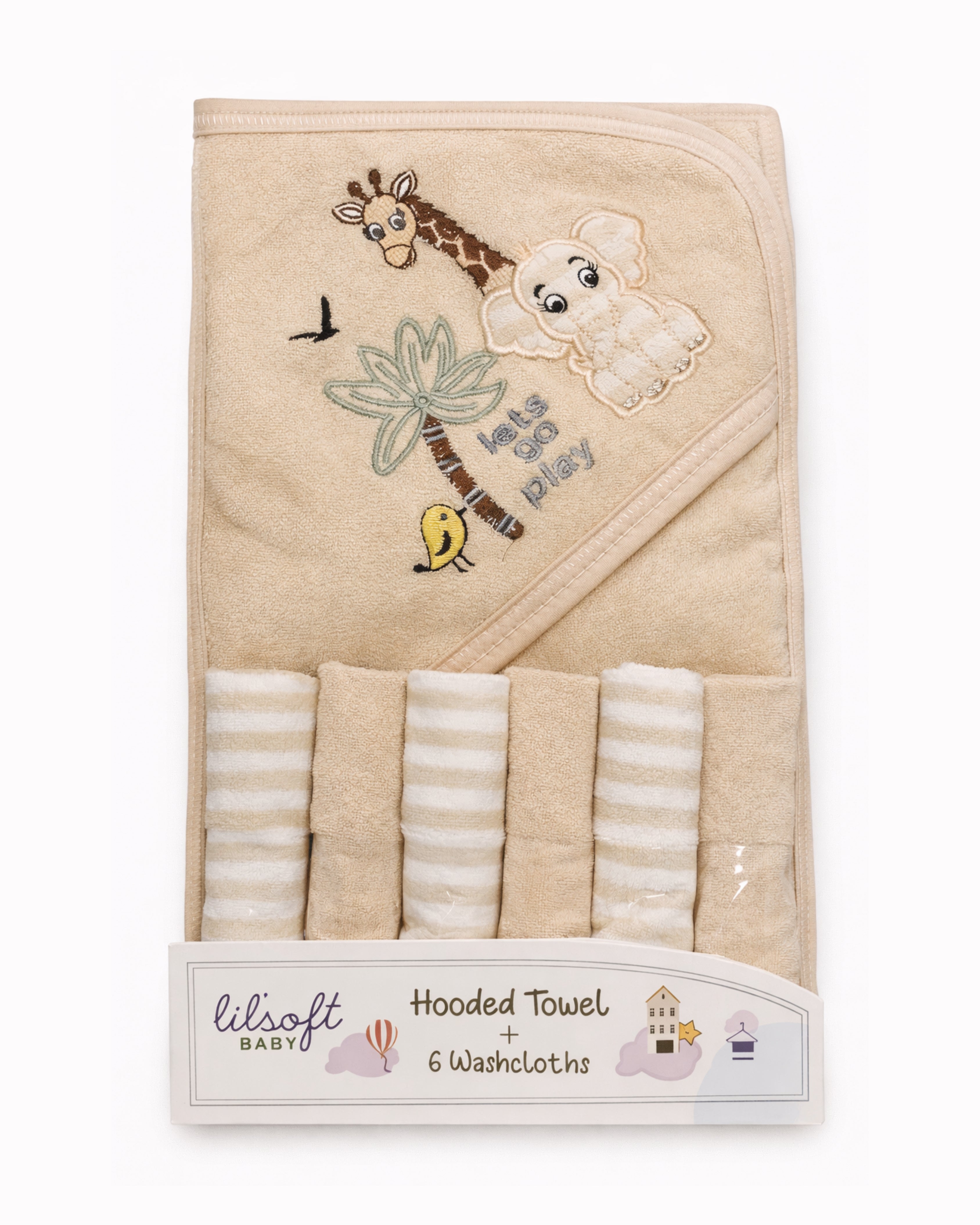 7 PC Hooded Towel & Washcloth Set - Baby Bath Set - (Jungle Friends)