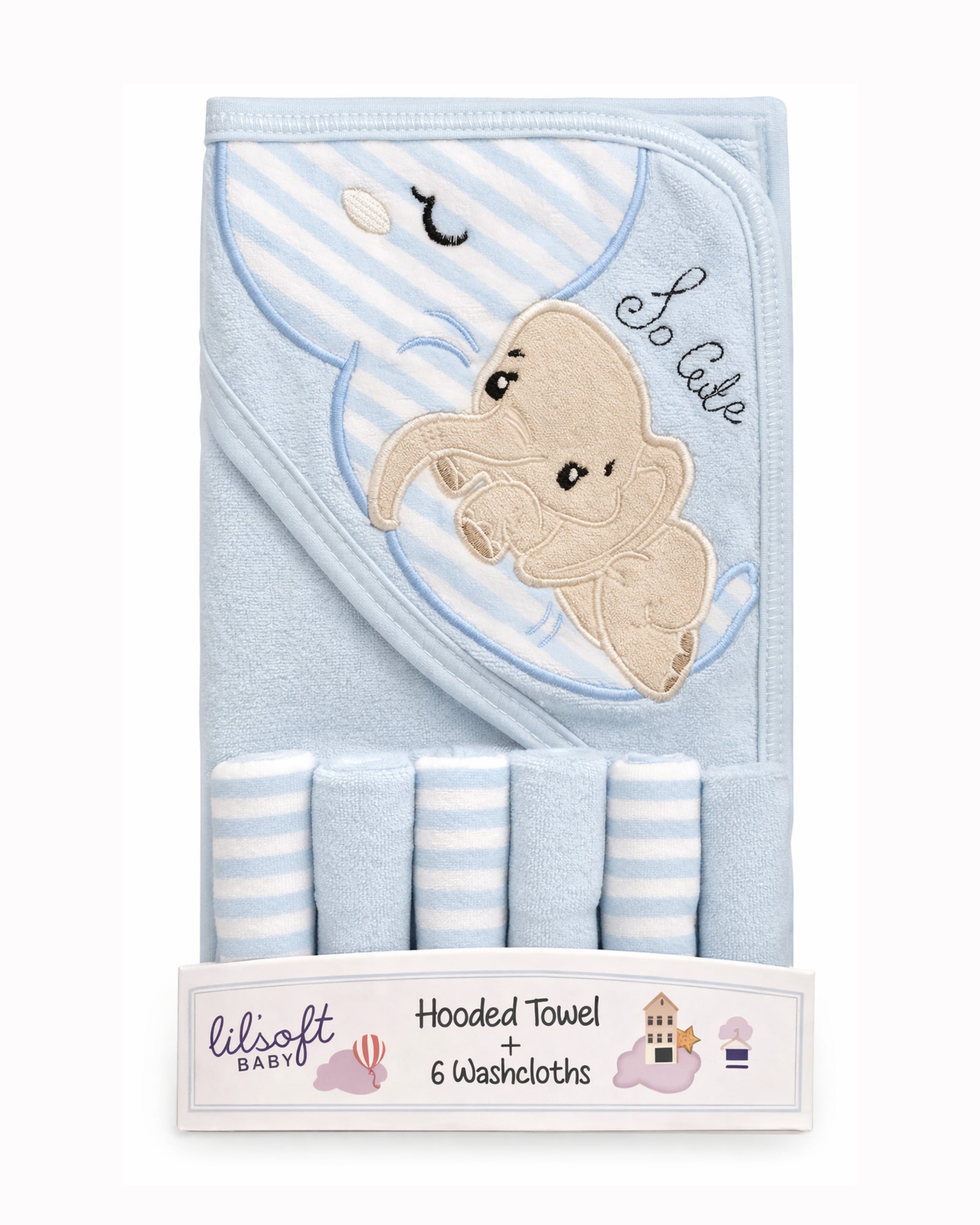 7 PC Hooded Towel & Washcloth Set - Baby Bath Set - (Little  Elephant)