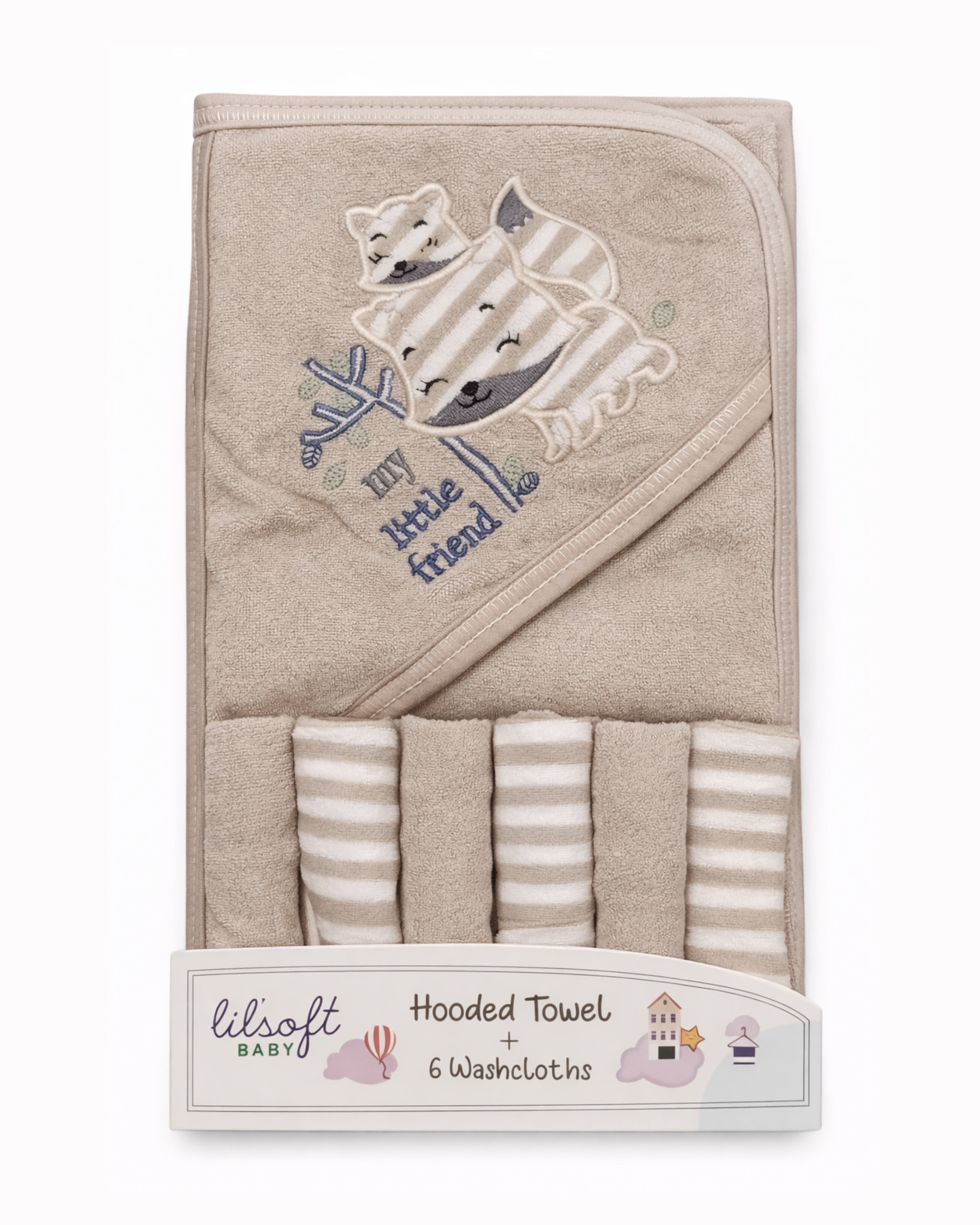 7 PC Hooded Towel & Washcloth Set - Baby Bath Set - (Little Fox Friends)