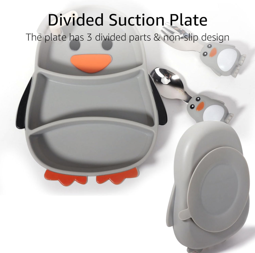 Cute Penguin Silicone Divided Plate with Suction - Spill-Proof Baby & Toddler Dinnerware Set