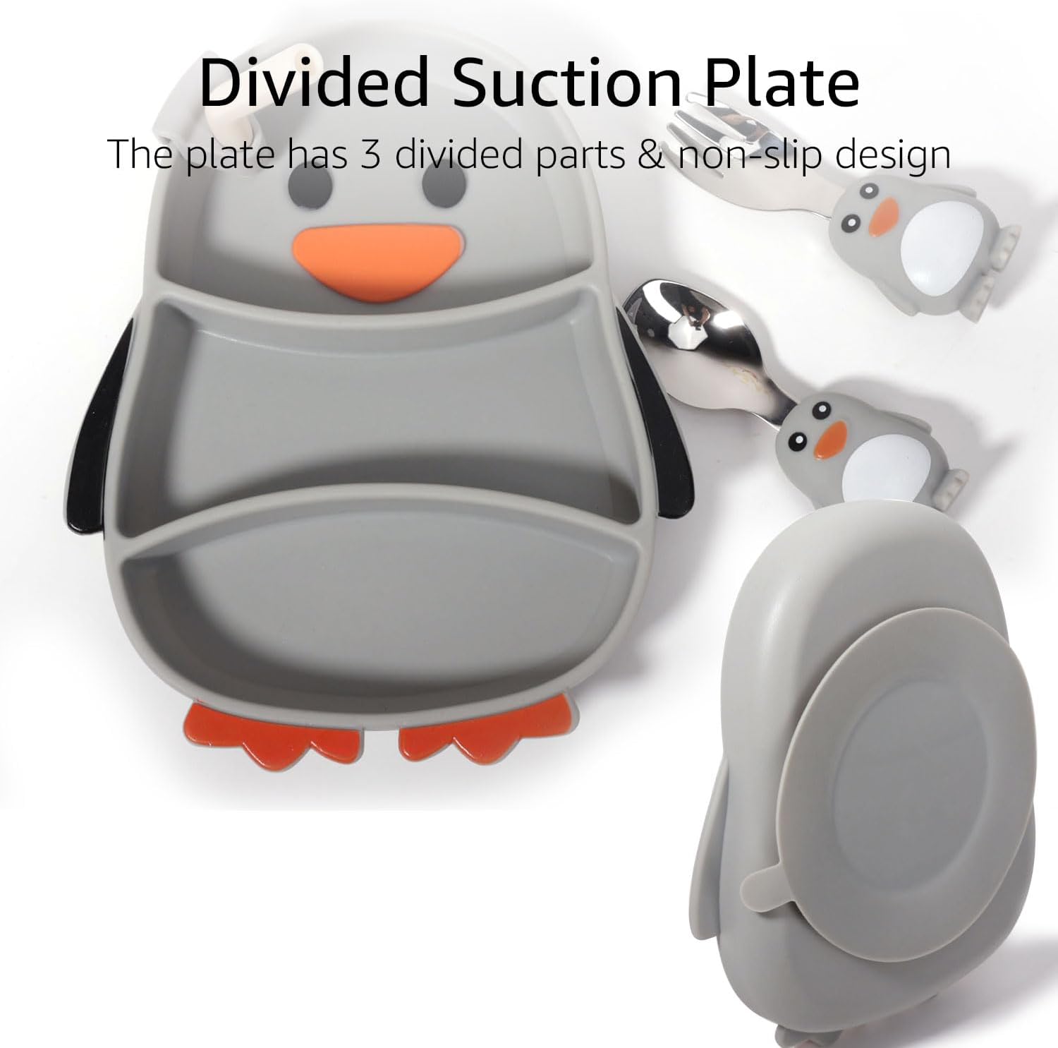 Cute Penguin Silicone Divided Plate with Suction - Spill-Proof Baby & Toddler Dinnerware Set