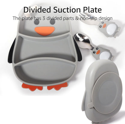 Cute Penguin Silicone Divided Plate with Suction - Spill-Proof Baby & Toddler Dinnerware Set