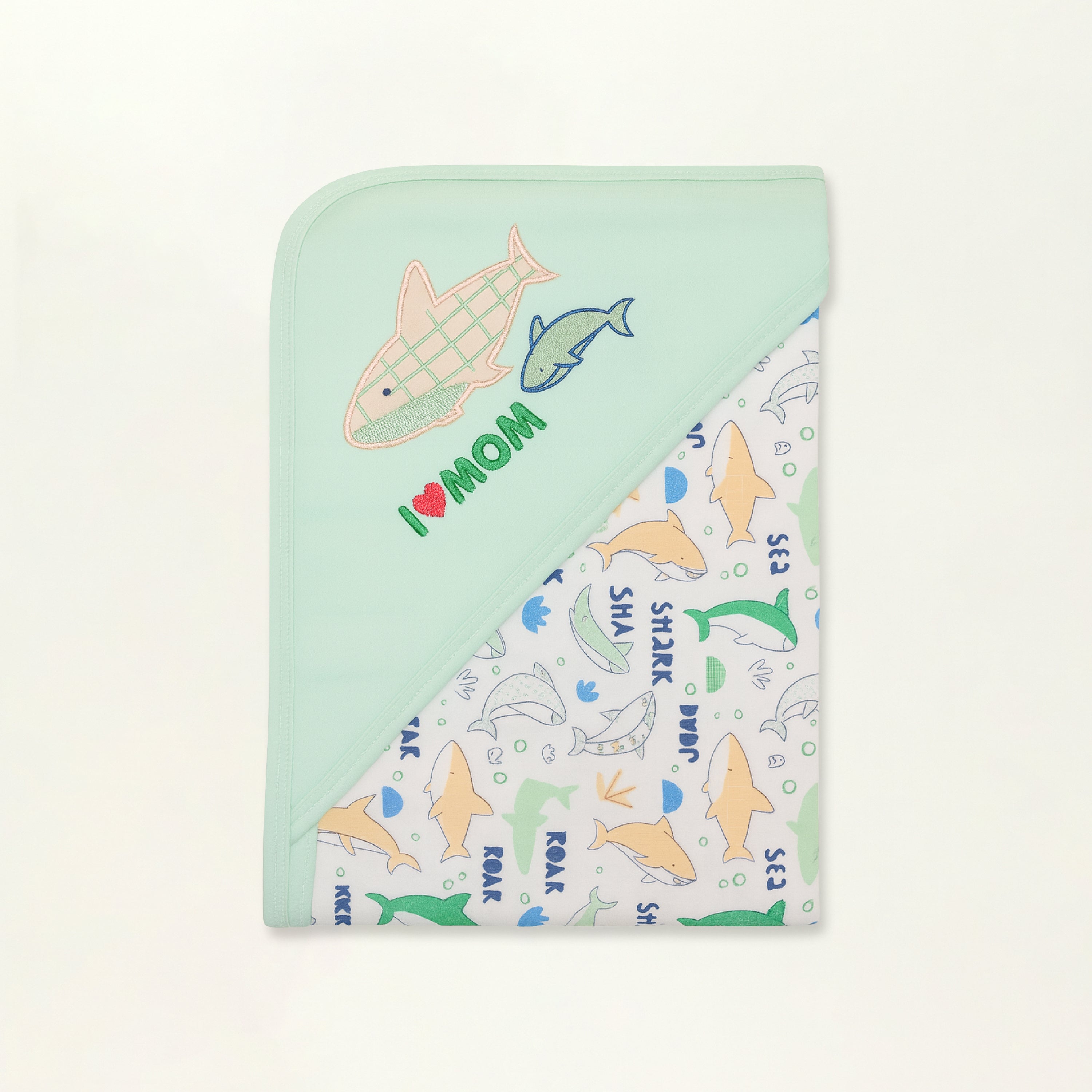 Baby Hooded Blanket - Baby Wrap - Interlock Cotton Baby Blanket (Green Shark)
