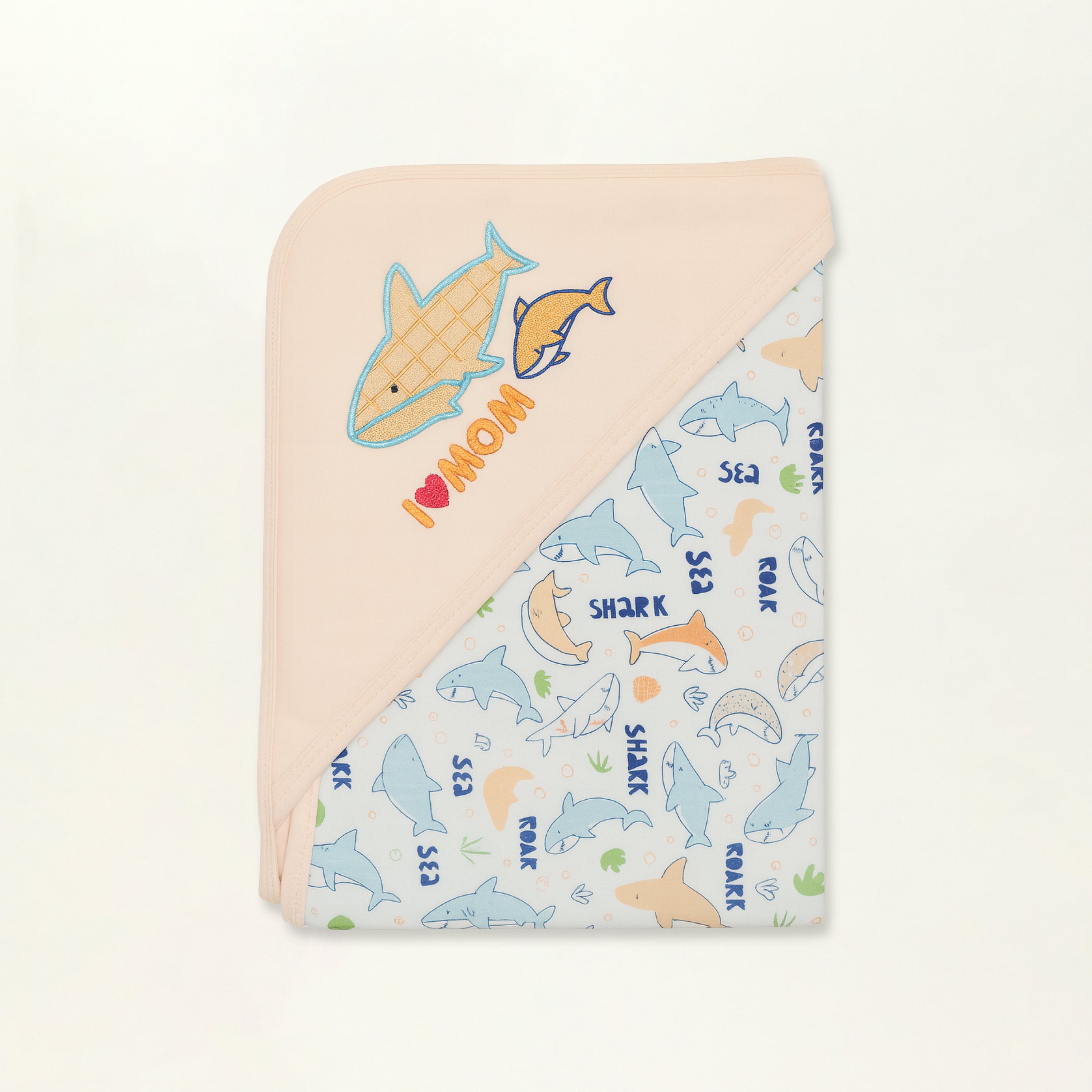 Baby Hooded Blanket - Baby Wrap - Interlock Cotton Baby Blanket (Peach Shark)