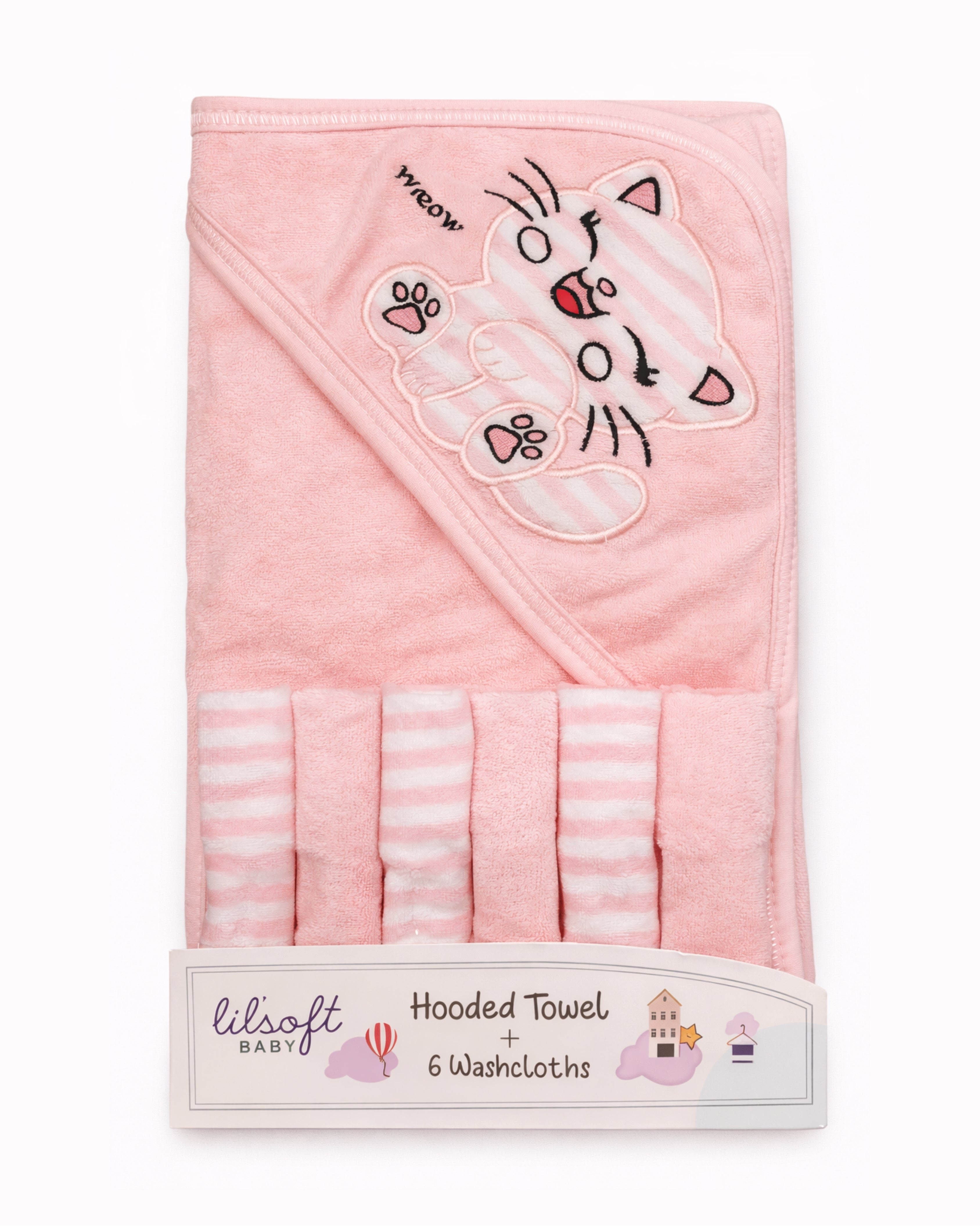 7 PC Hooded Towel & Washcloth Set - Baby Bath Set - (Pink Whiskers)