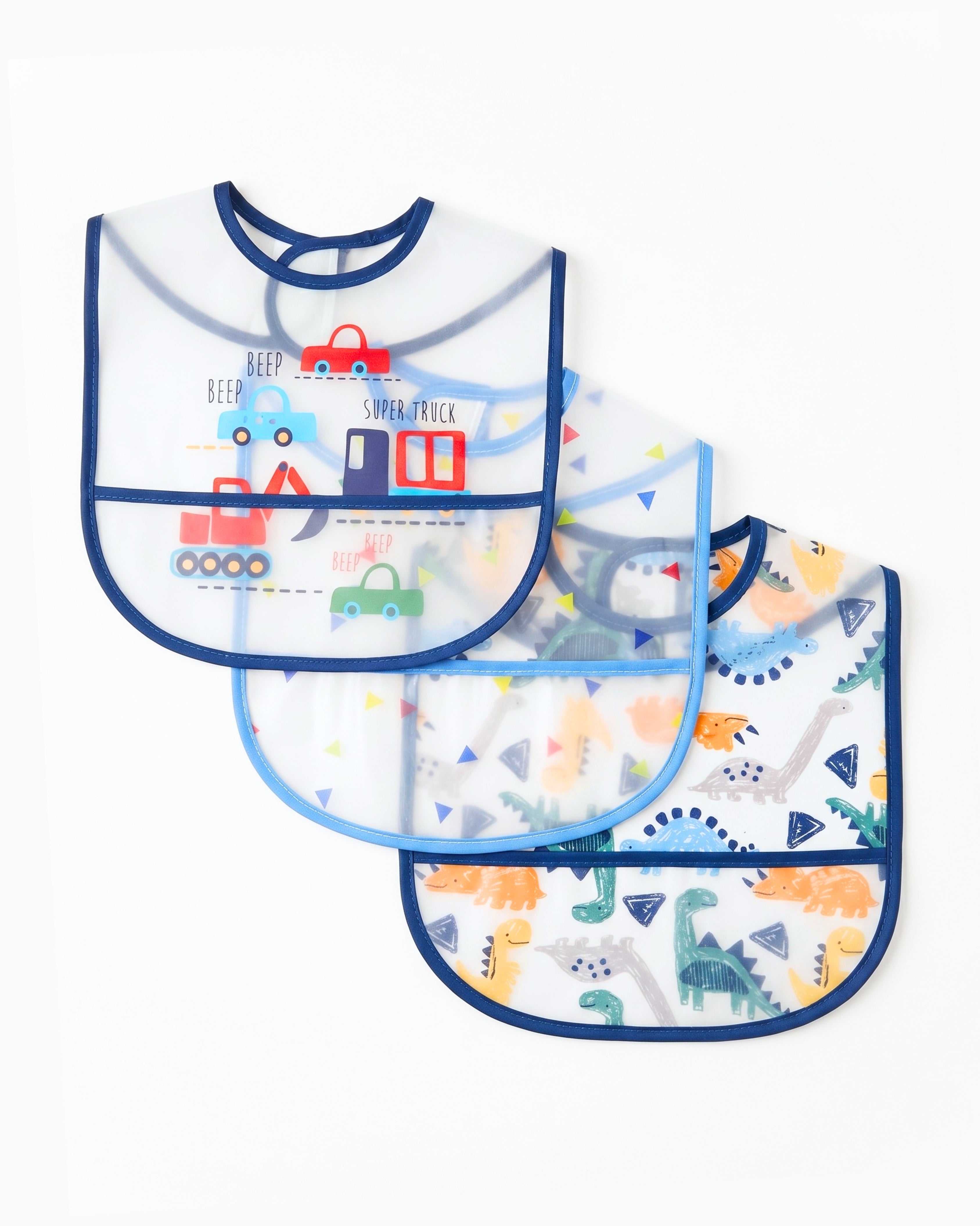 3-Pack Waterproof PEVA Baby Bib Set – (Vehicles & Dinosaurs)