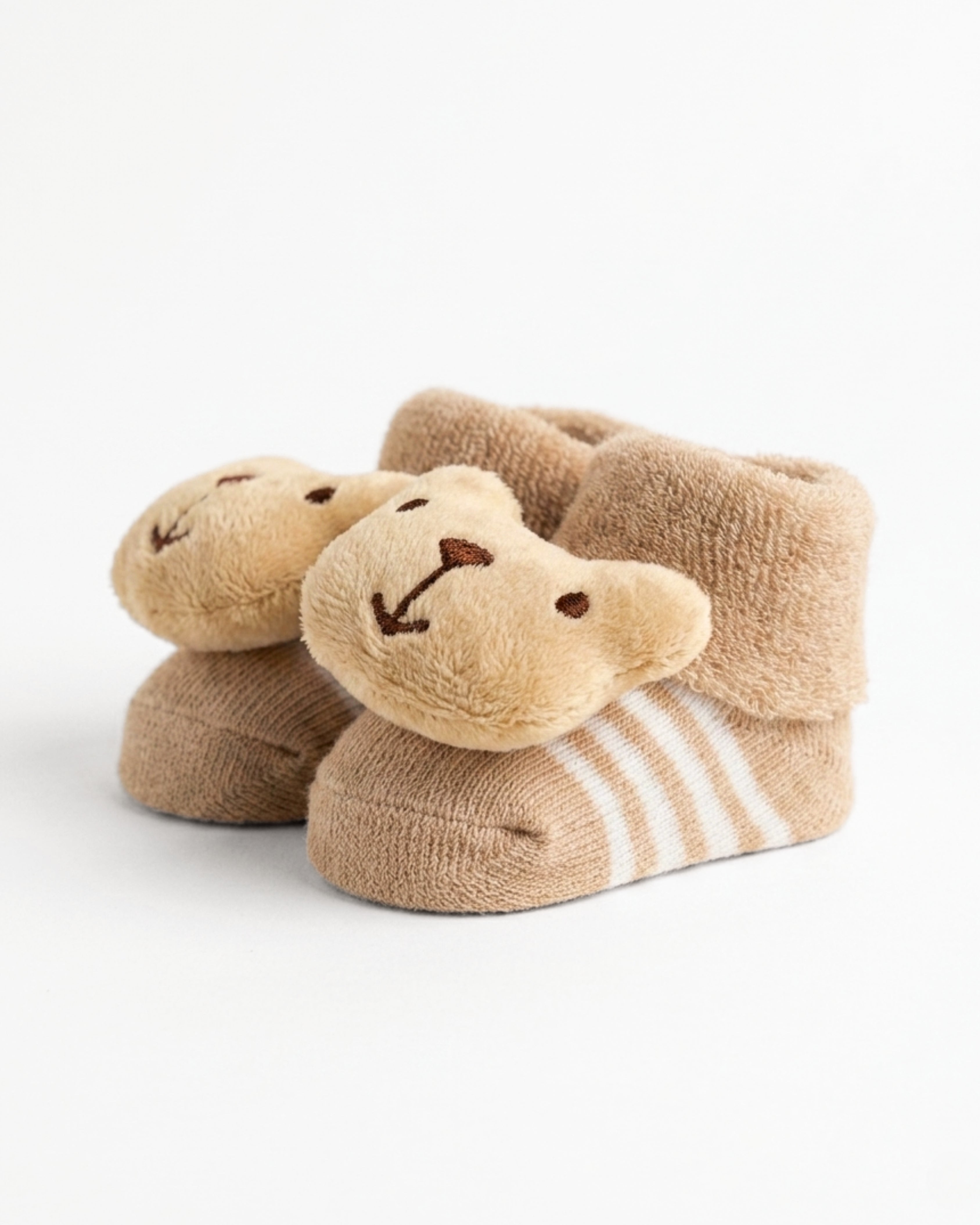 Baby Booties – Infant Soft Socks (Beige Stripes Teddy)