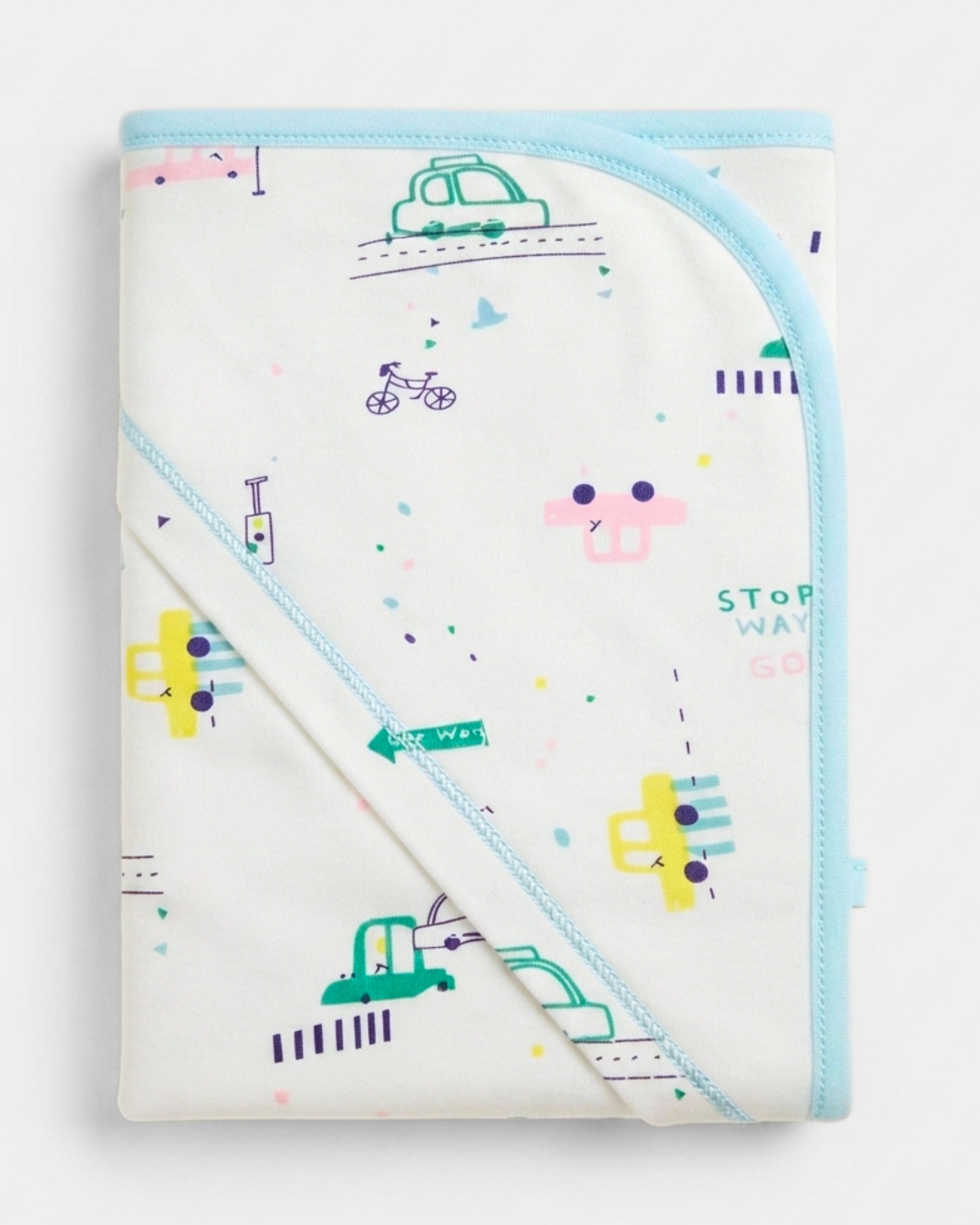 Baby Hooded Blanket - Baby Wrap (30x30Inch) - Roadway Cars (Blue)