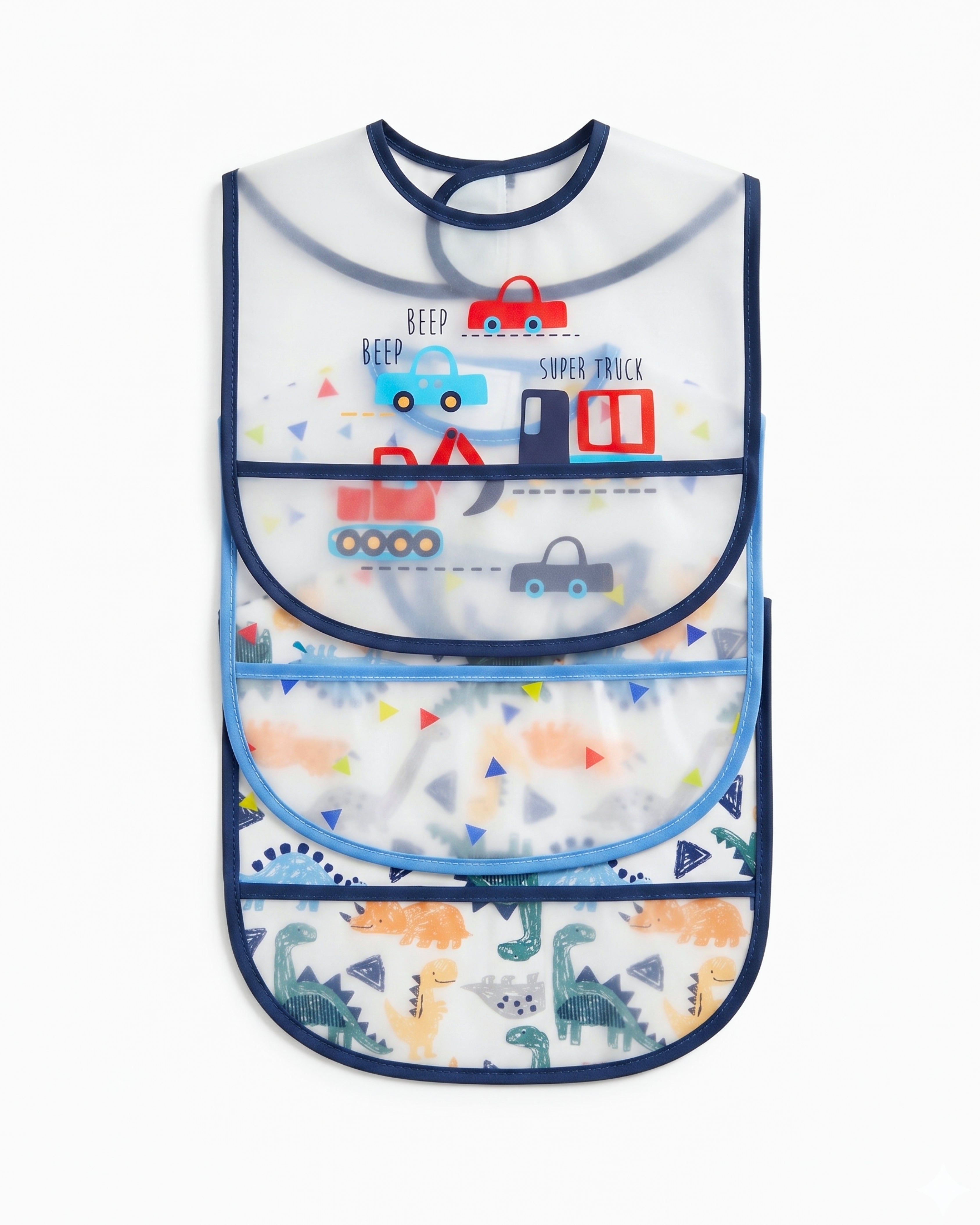 3-Pack Waterproof PEVA Baby Bib Set – (Vehicles & Dinosaurs)