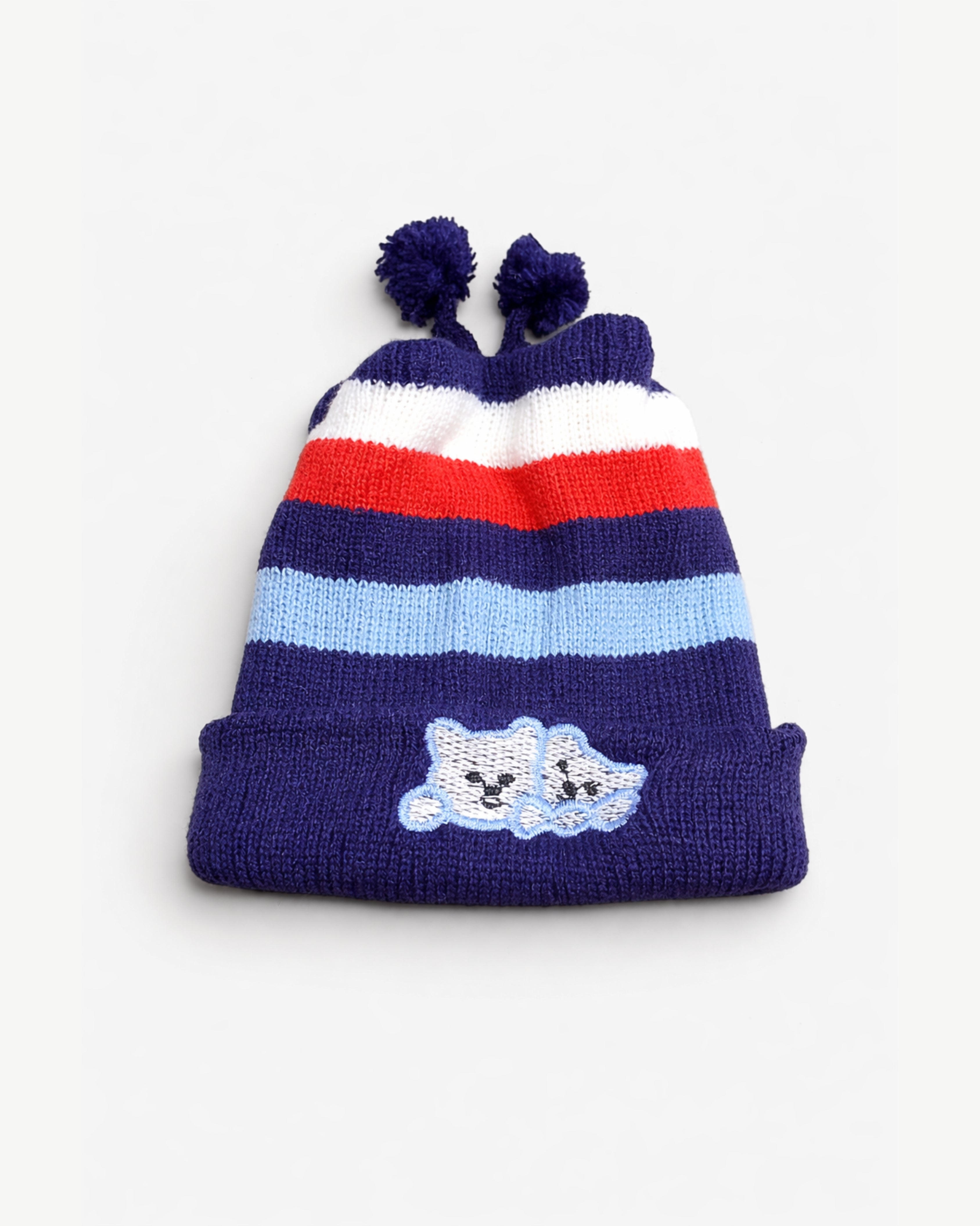 Baby Winter Beanie - Free Size Wniter Cap - Navy Teddy Stripe
