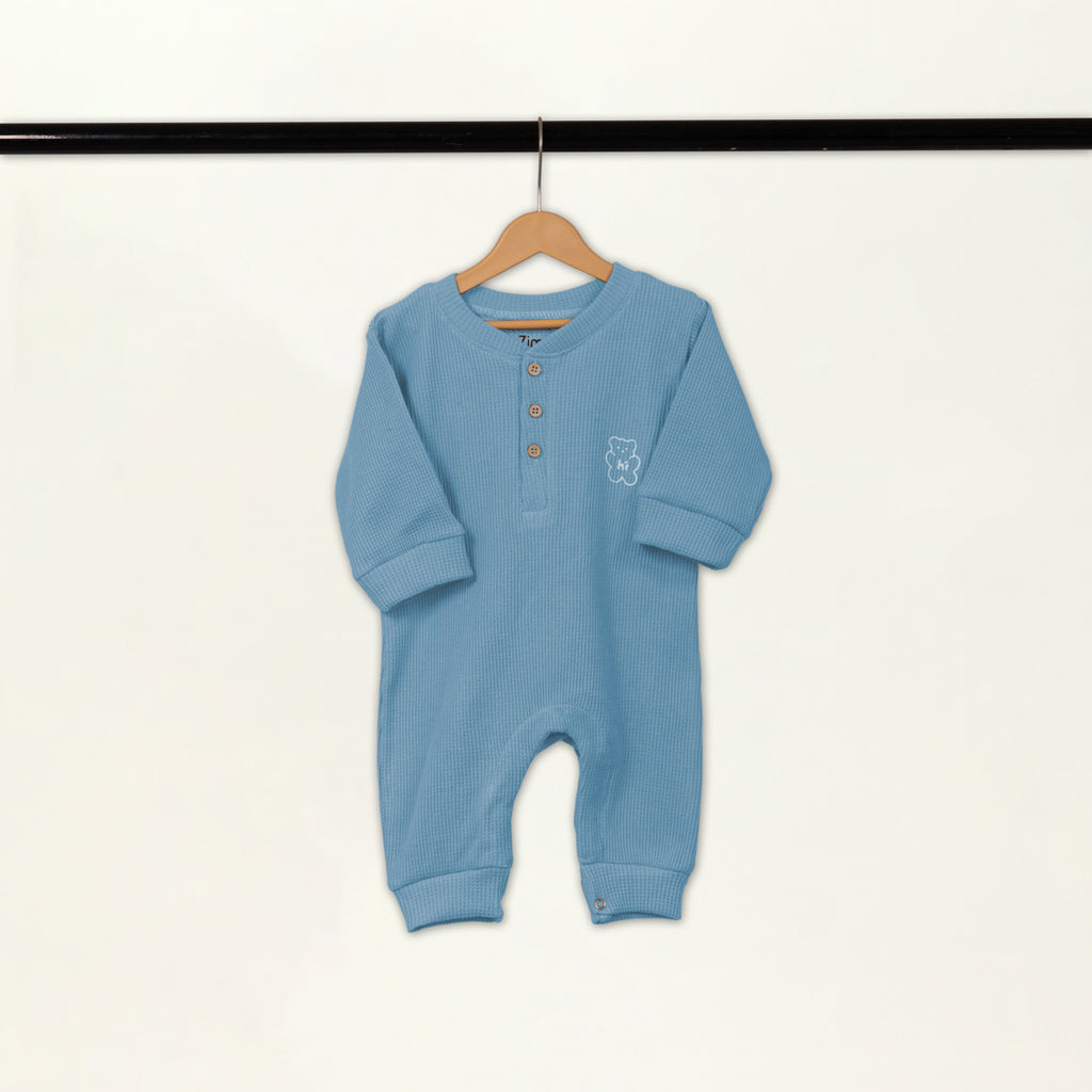 Waffle Knit Thermal Romper – (Sky Blue)