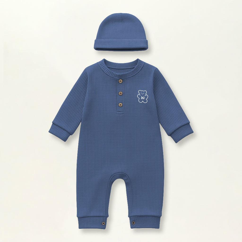 Waffle Knit Thermal Romper – (Dusty Blue)