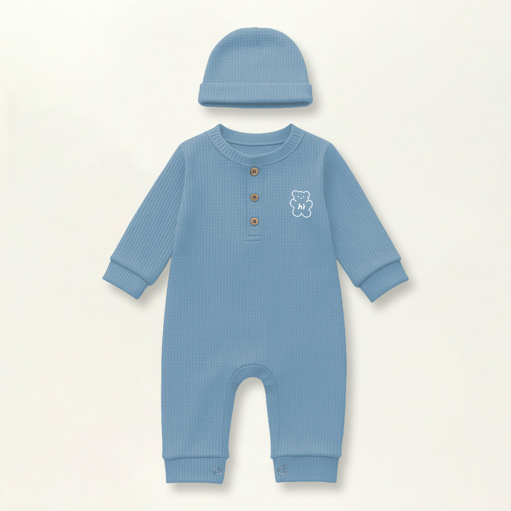 Waffle Knit Thermal Romper – (Sky Blue)