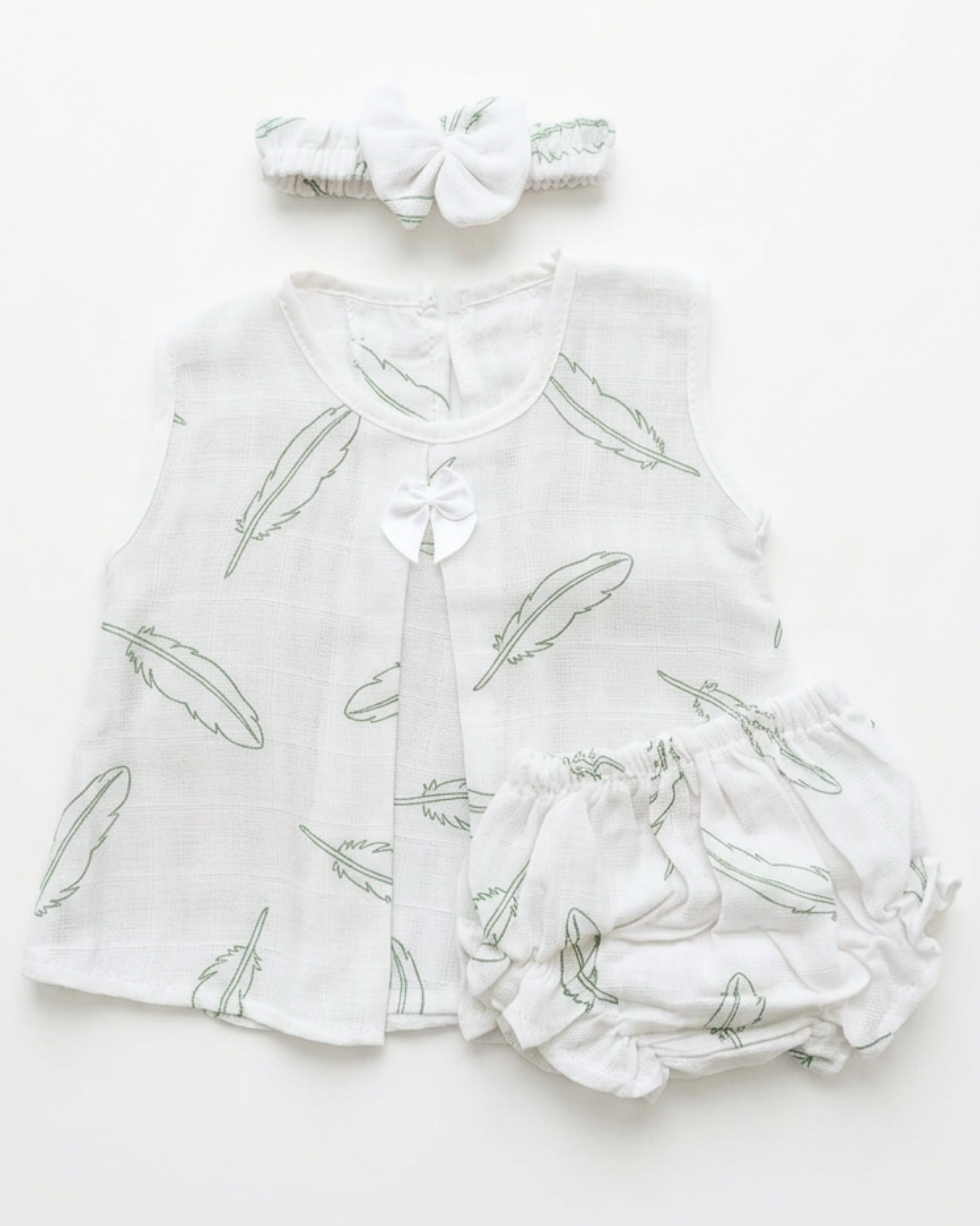 3-Piece Muslin Frock Set - Mint Feather