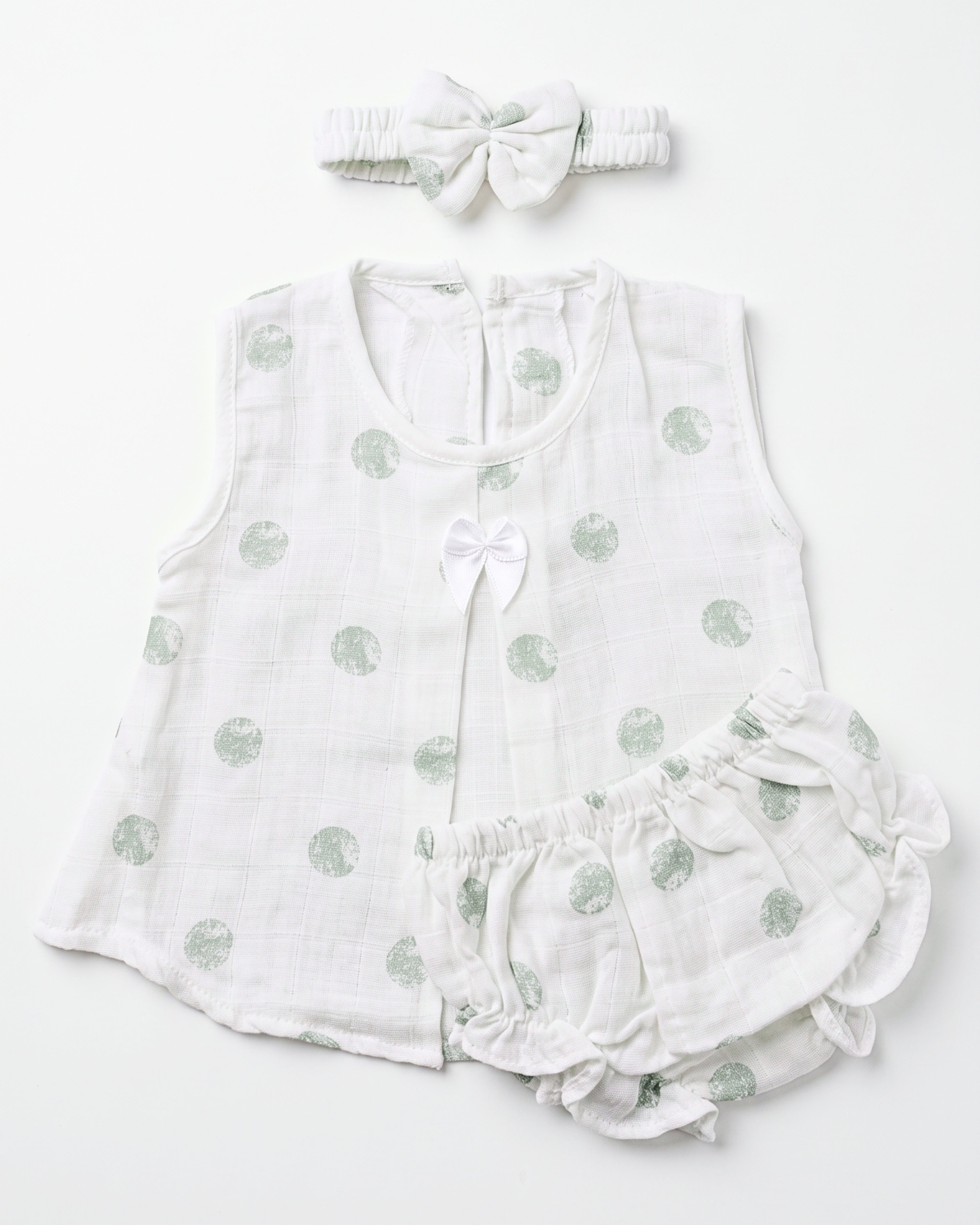 3-Piece Muslin Frock Set - Sage Polka