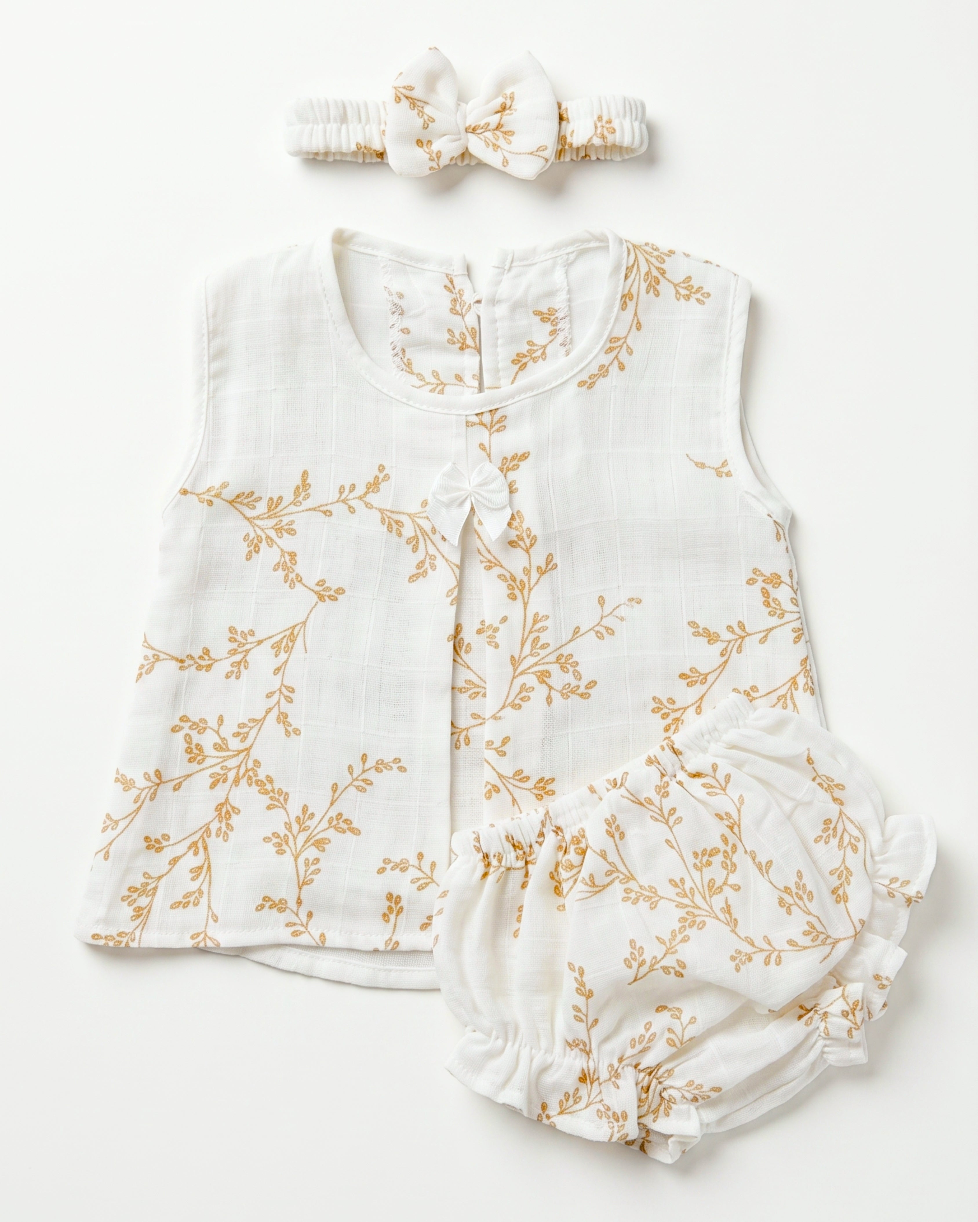 3-Piece Muslin Frock Set - Golden Leaf