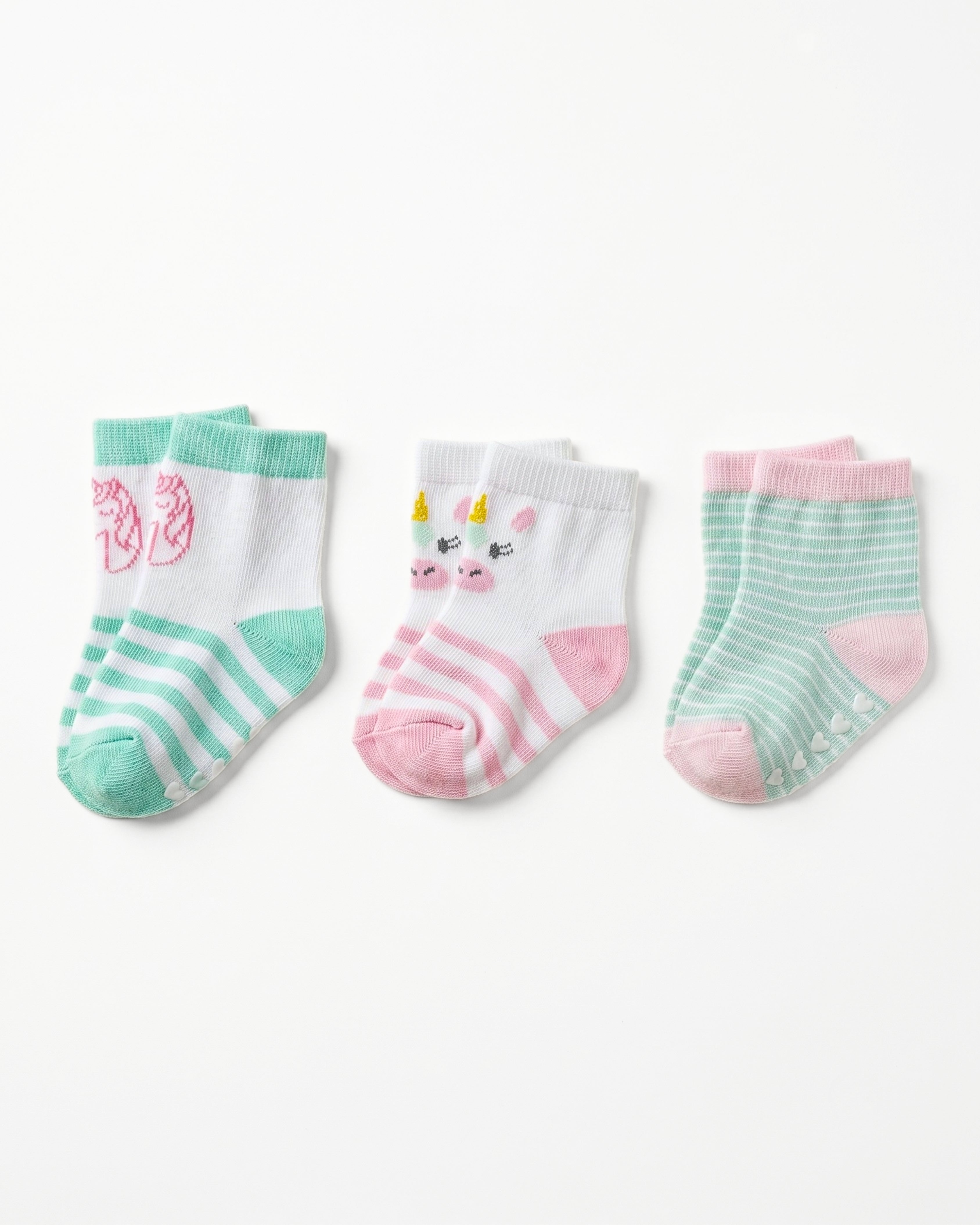 3-Pair Baby Socks - Baby Cotton Socks - (Unicorn & Stripes)