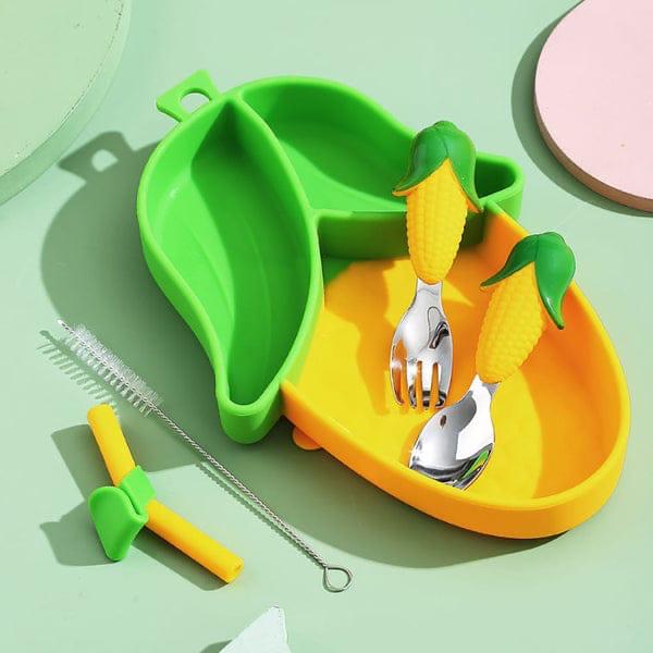 Sweet Corn Silicone Suction Plate & Utensil Set – Spill-Proof Baby & Toddler Dinnerware Set – Divided Baby Feeding Plate