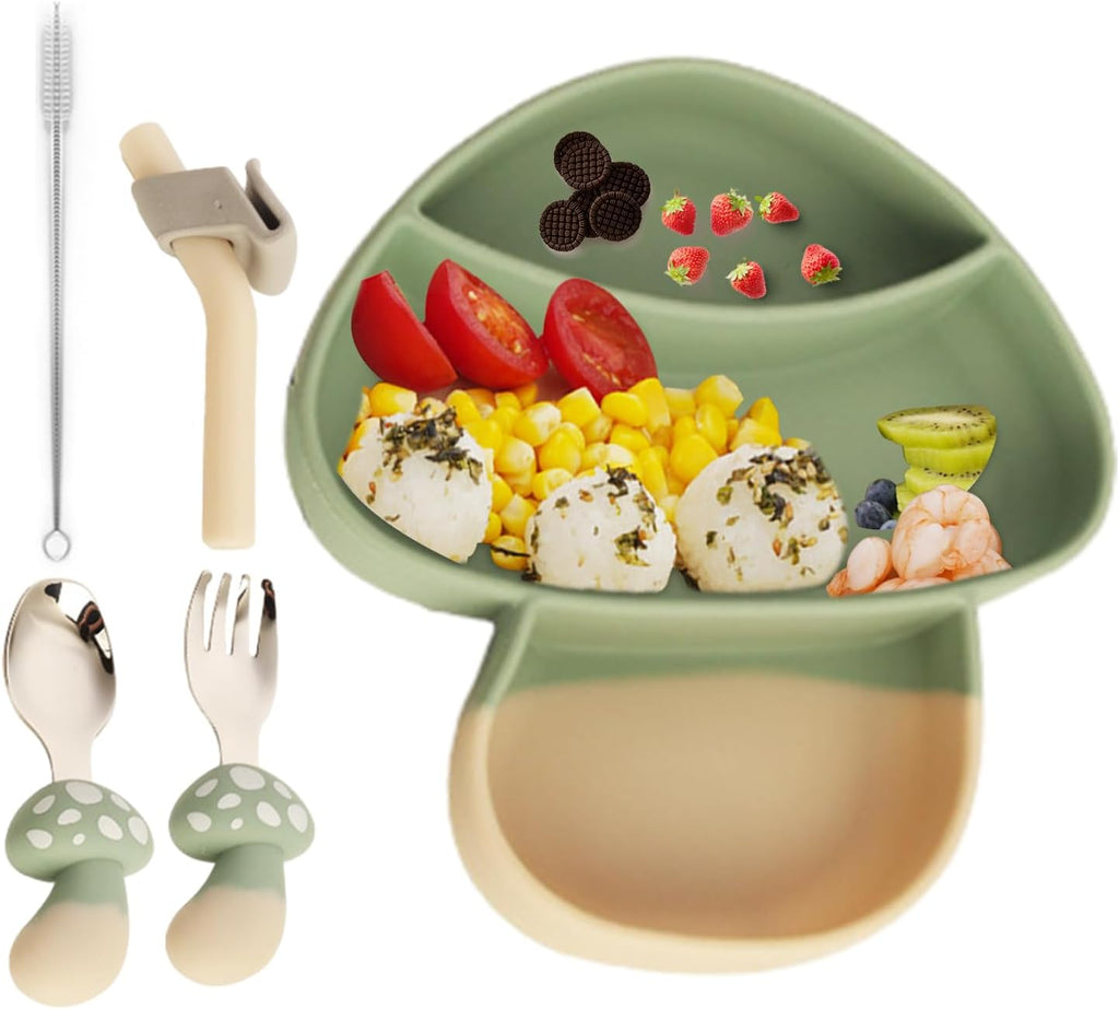 Mushroom Silicone Divided Plate with Suction – Spill-Proof Baby & Toddler Dinnerware Set – Divided Baby Feeding Plate