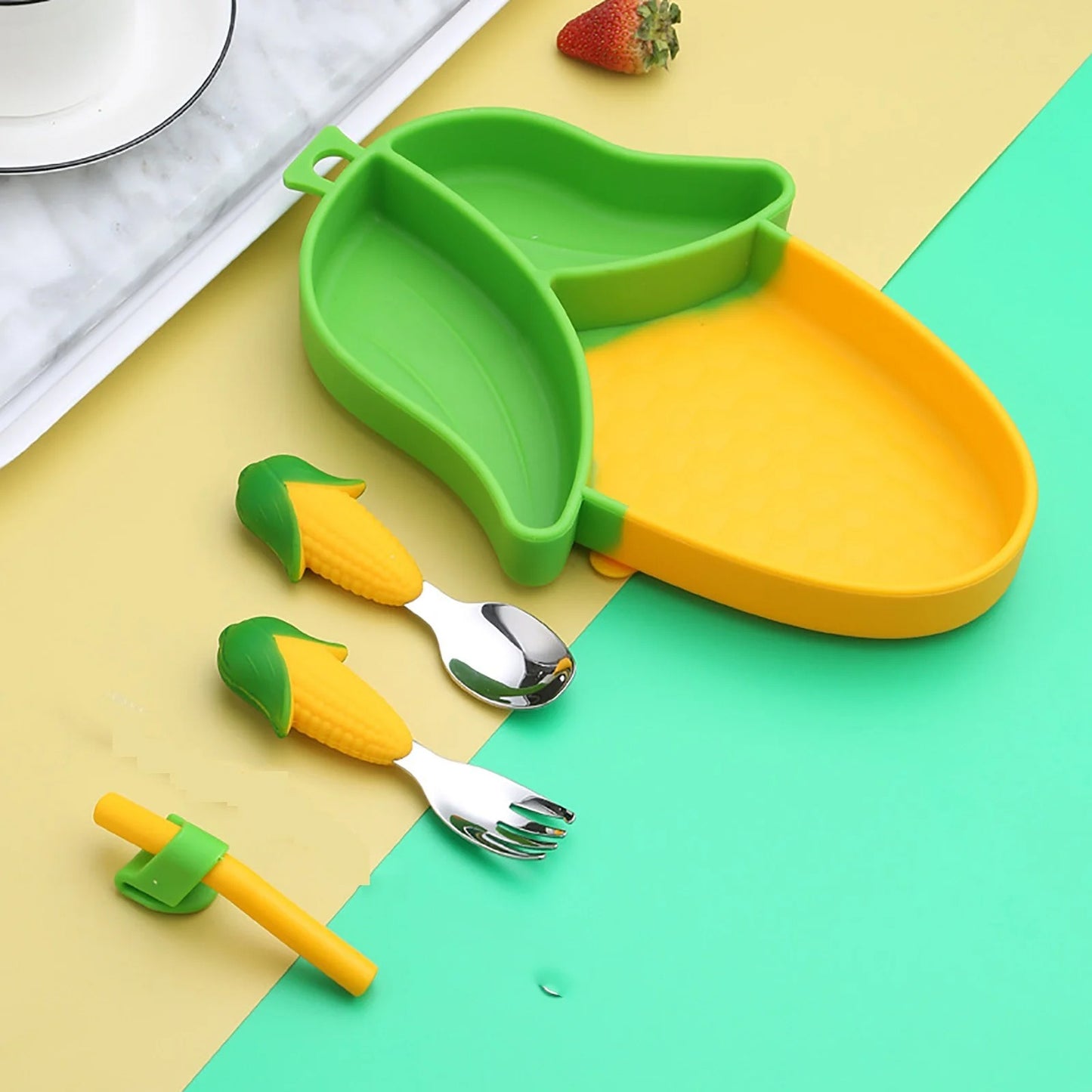 Sweet Corn Silicone Suction Plate & Utensil Set – Spill-Proof Baby & Toddler Dinnerware Set – Divided Baby Feeding Plate
