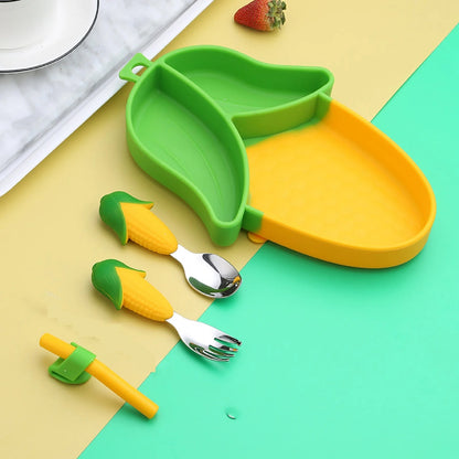 Sweet Corn Silicone Suction Plate & Utensil Set – Spill-Proof Baby & Toddler Dinnerware Set – Divided Baby Feeding Plate