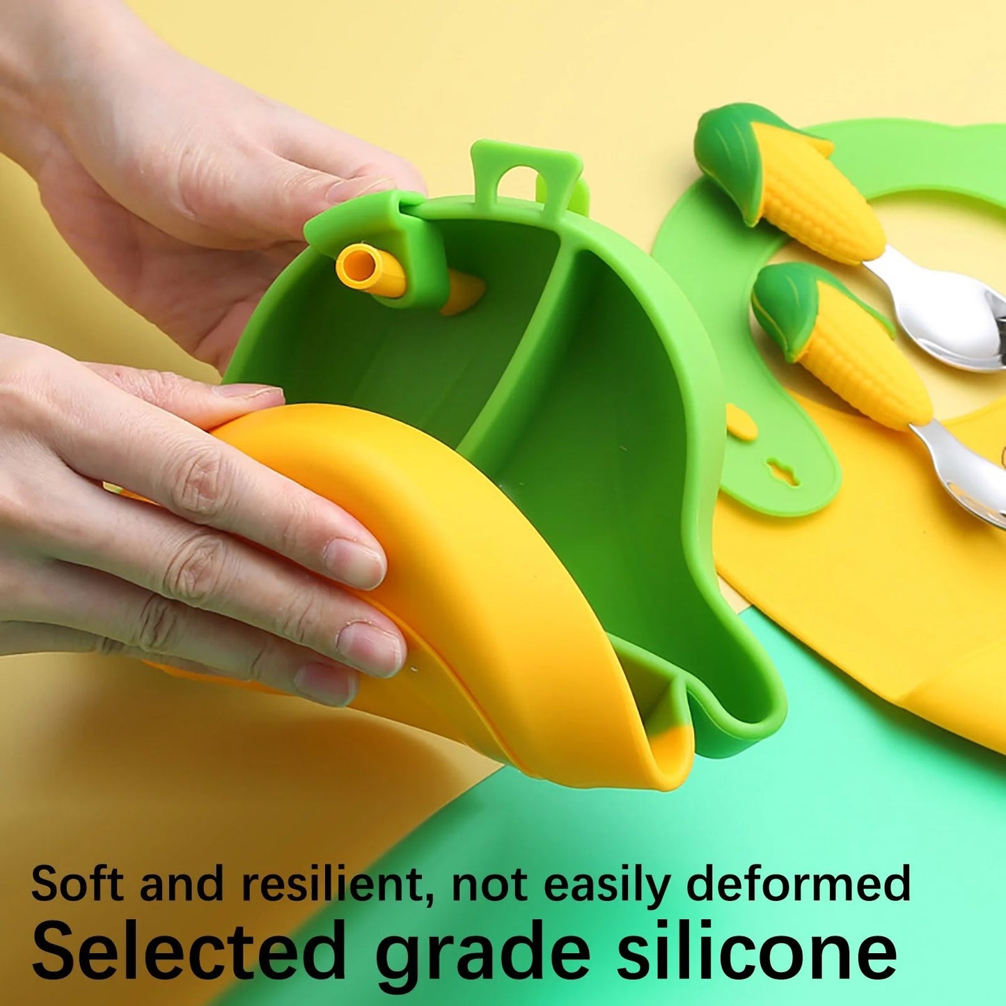 Sweet Corn Silicone Suction Plate & Utensil Set – Spill-Proof Baby & Toddler Dinnerware Set – Divided Baby Feeding Plate