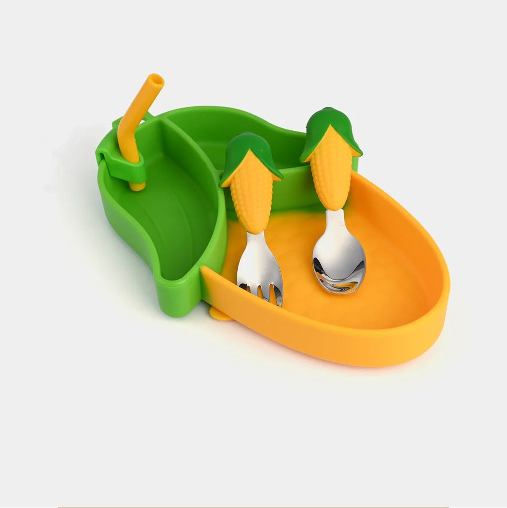 Sweet Corn Silicone Suction Plate & Utensil Set – Spill-Proof Baby & Toddler Dinnerware Set – Divided Baby Feeding Plate