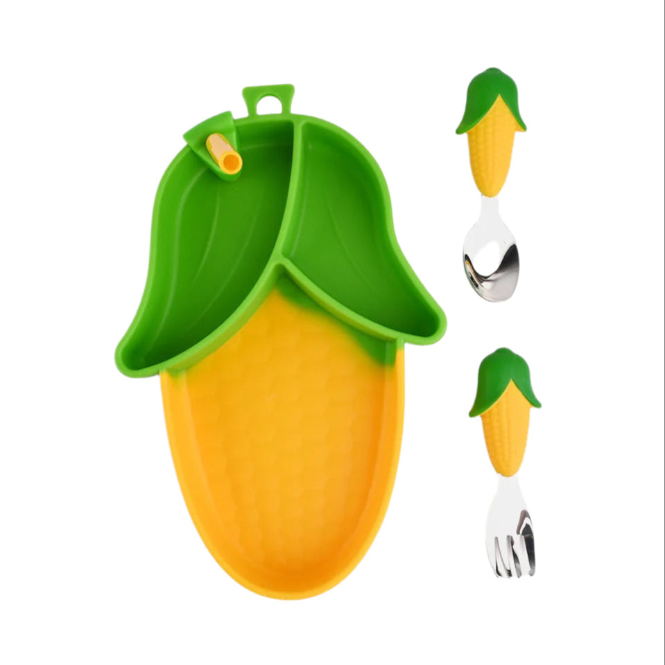 Sweet Corn Silicone Suction Plate & Utensil Set – Spill-Proof Baby & Toddler Dinnerware Set – Divided Baby Feeding Plate