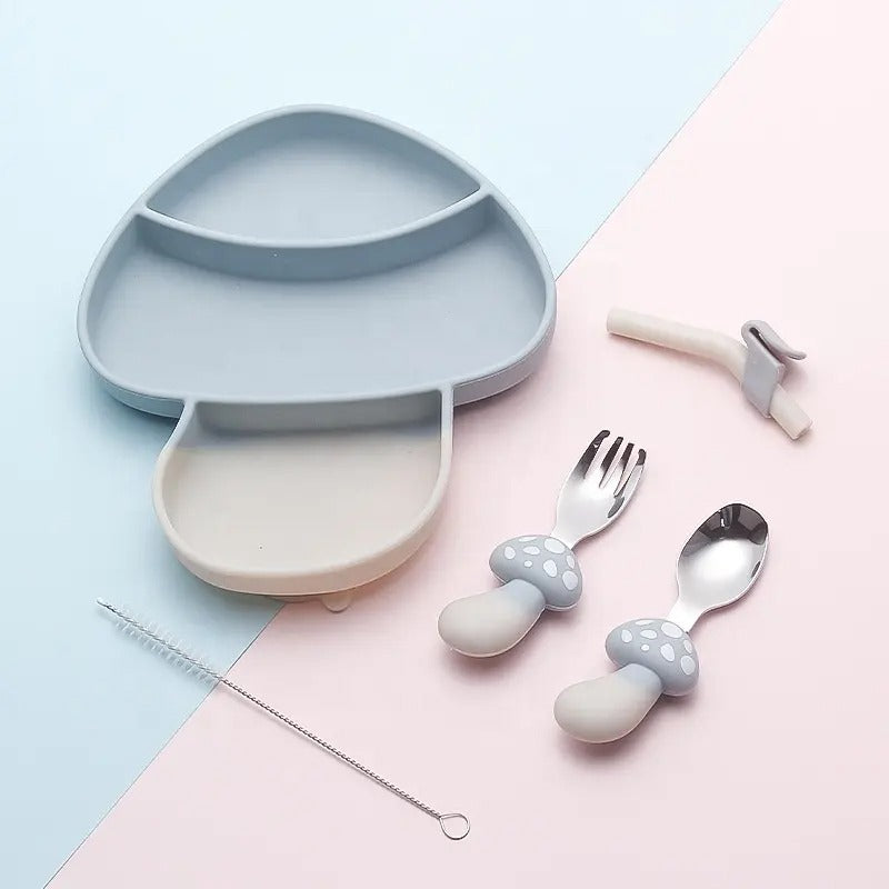 Mushroom Silicone Divided Plate with Suction – Spill-Proof Baby & Toddler Dinnerware Set – Divided Baby Feeding Plate