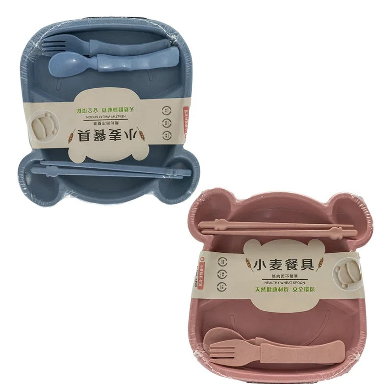 Cute Monkey Wheat Straw Kids Plate & Utensil Set - Eco-Friendly Wheat Straw Kids Tableware