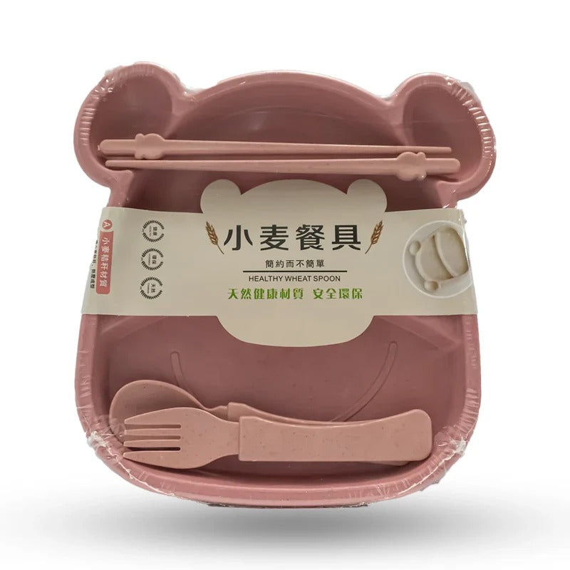 Cute Monkey Wheat Straw Kids Plate & Utensil Set - Eco-Friendly Wheat Straw Kids Tableware