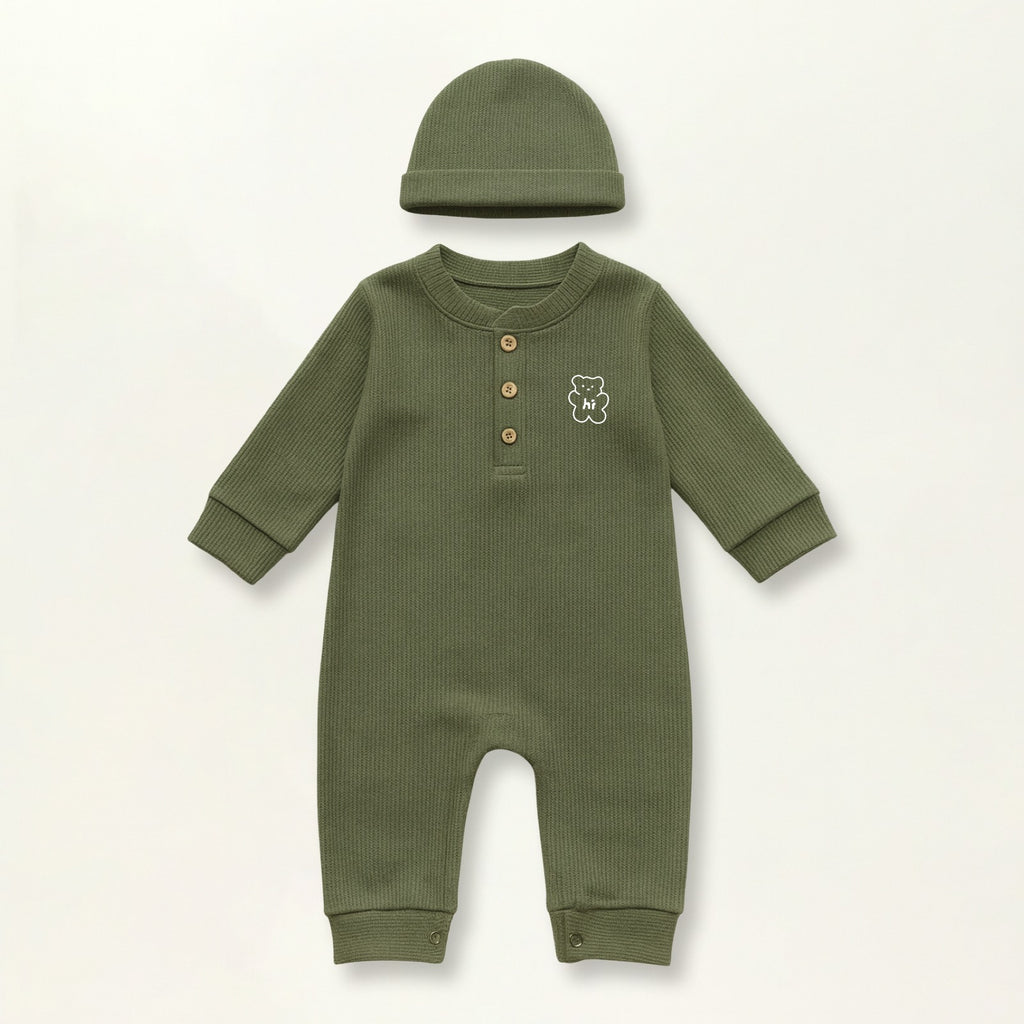 Waffle Knit Thermal Romper – (Olive)