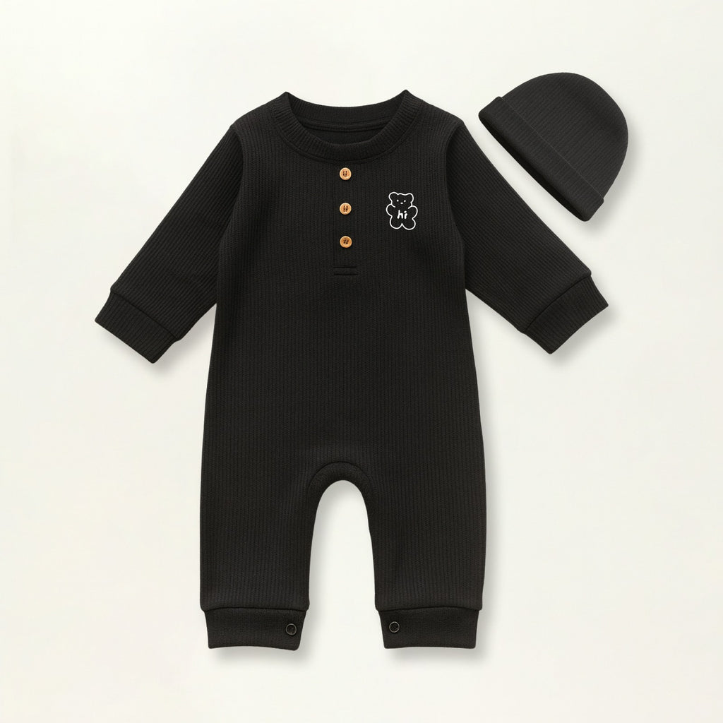 Waffle Knit Thermal Romper – (Black)
