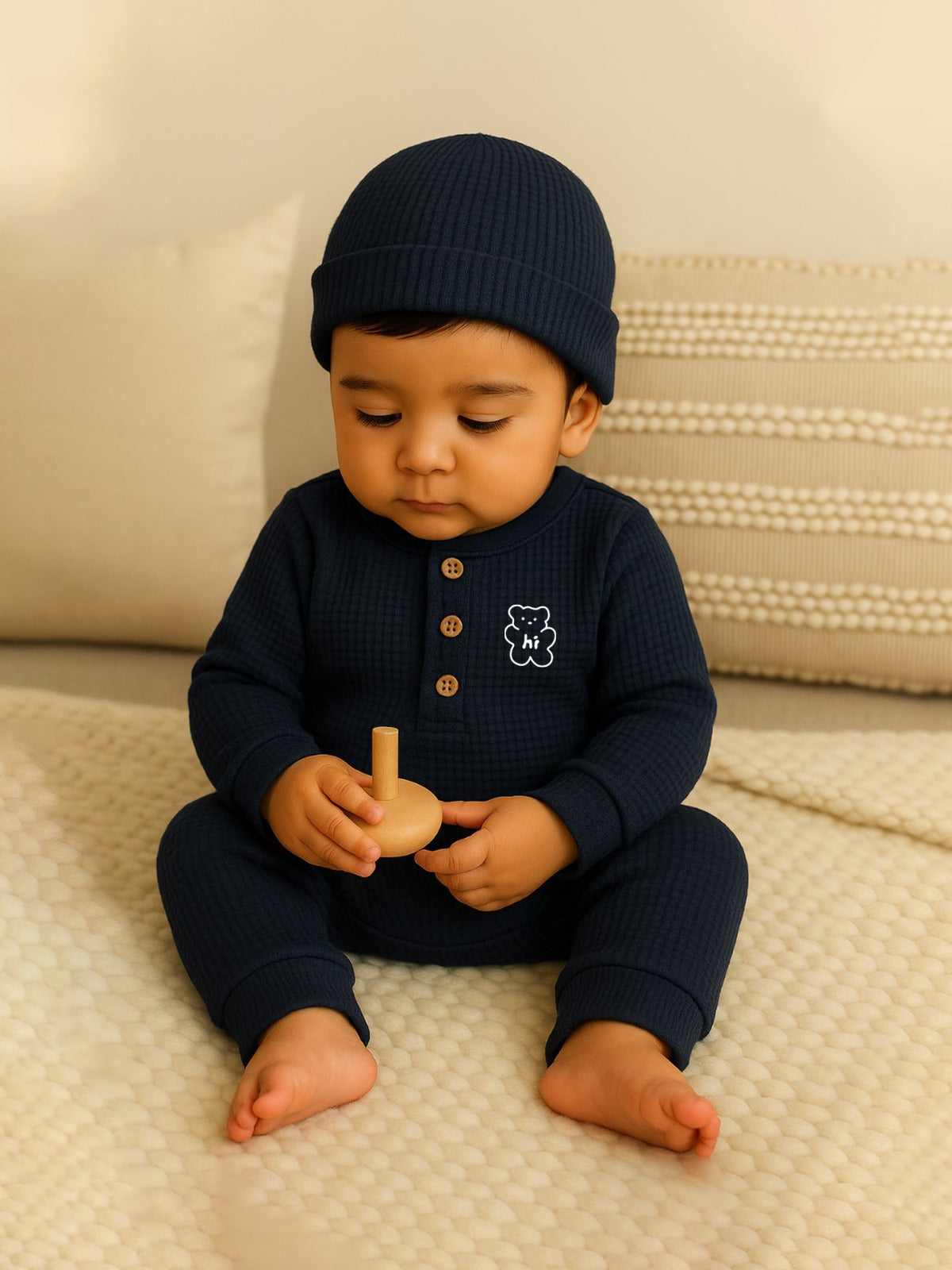 Waffle Knit Thermal Romper – (Navy)