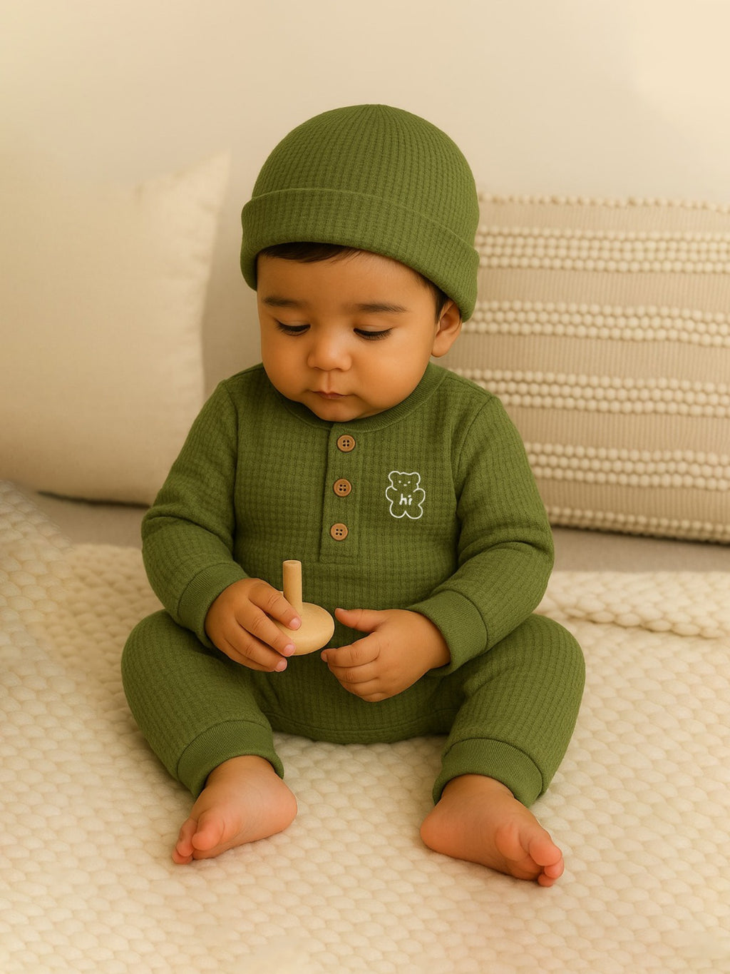 Waffle Knit Thermal Romper – (Olive)