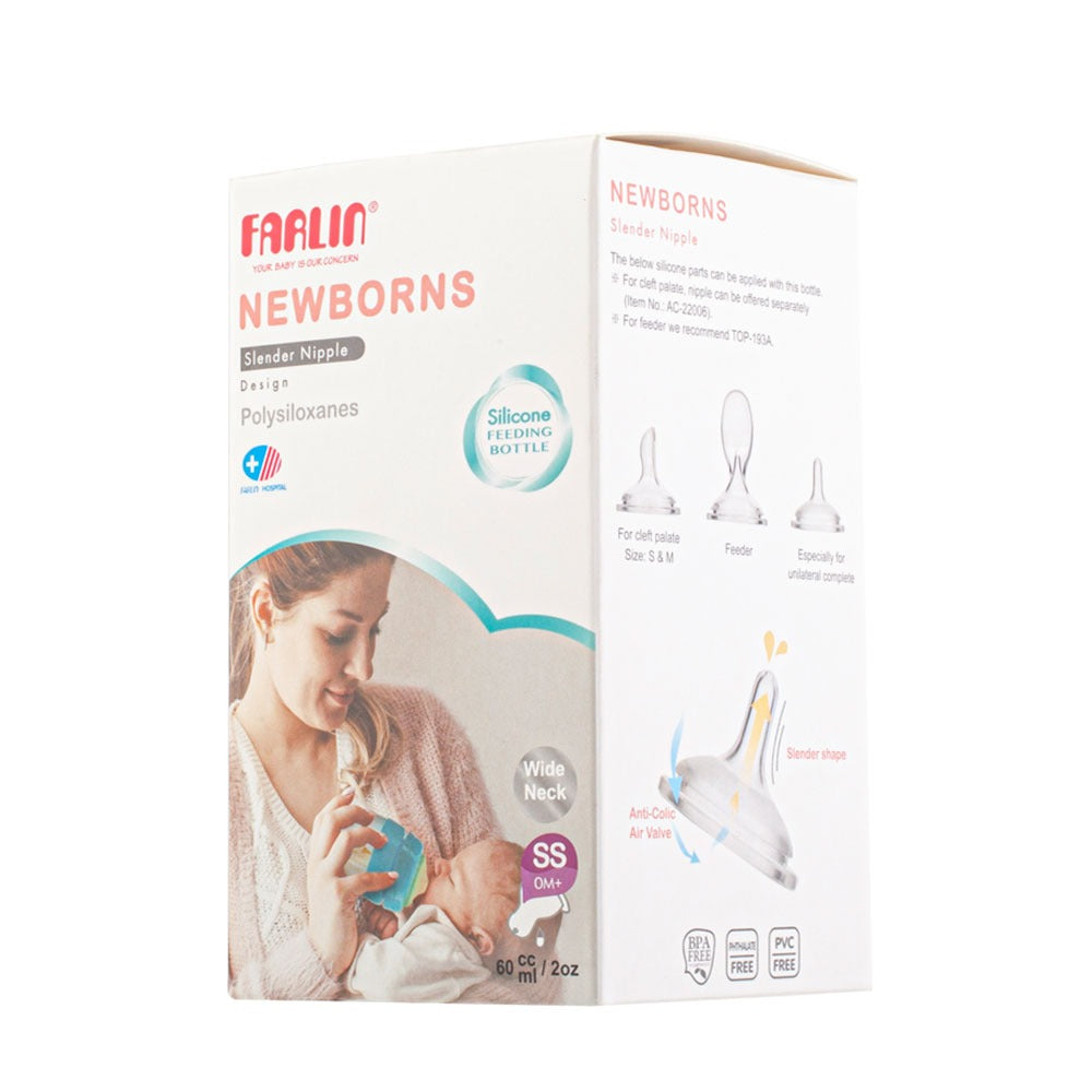 Farlin Newborn 60ml Wide Neck Silicone Feeding Bottle with Slender Anti-Colic Nipple