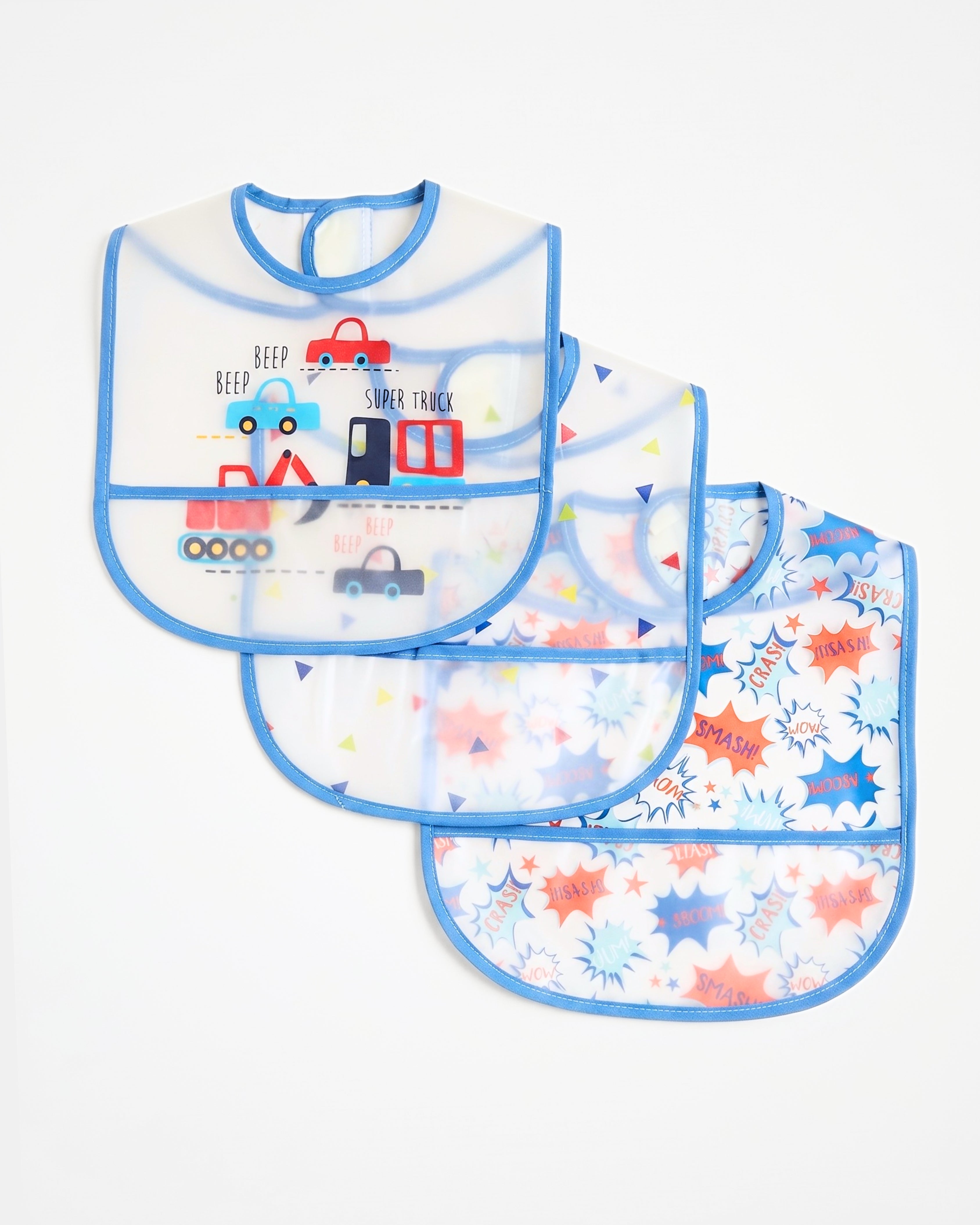 3-Pack Waterproof PEVA Baby Bib Set – (Trucks & Comic Burst)